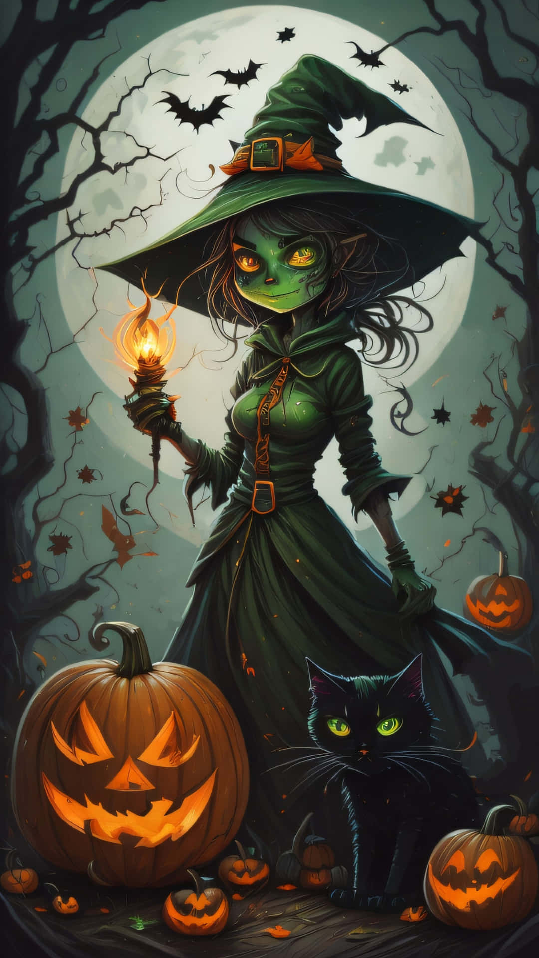 Enchanted Halloween Witchand Black Cat Wallpaper