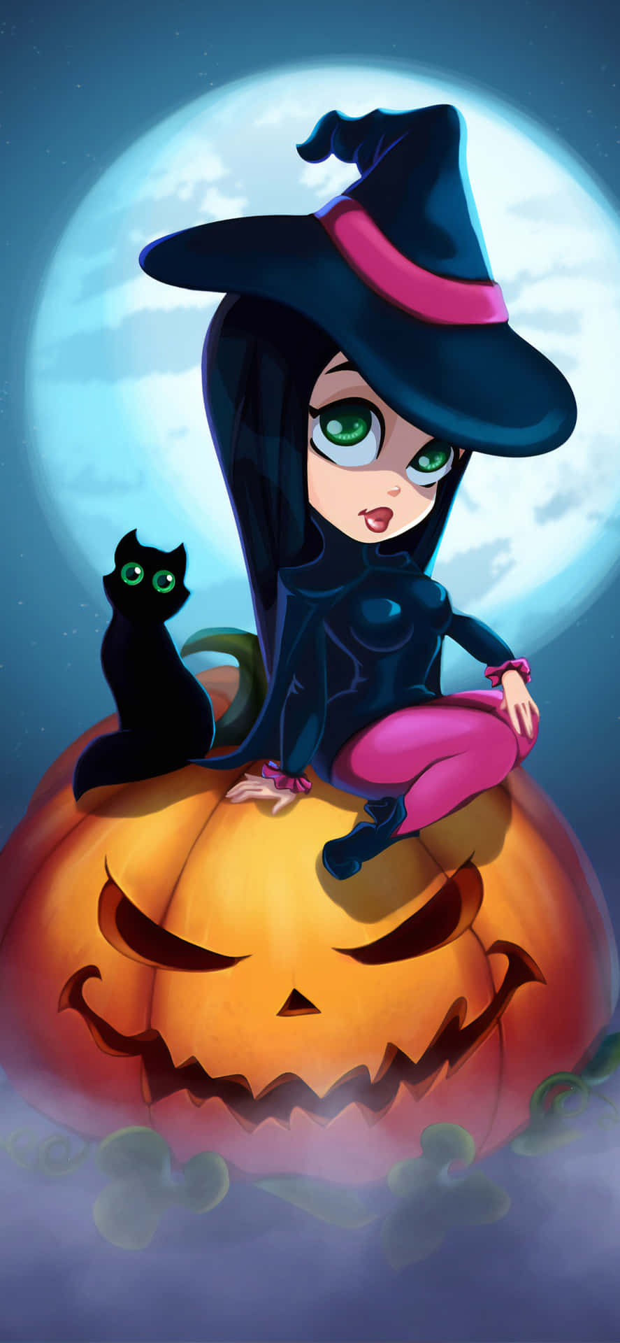Enchanted Halloween Witchand Caton Pumpkin.jpg Wallpaper