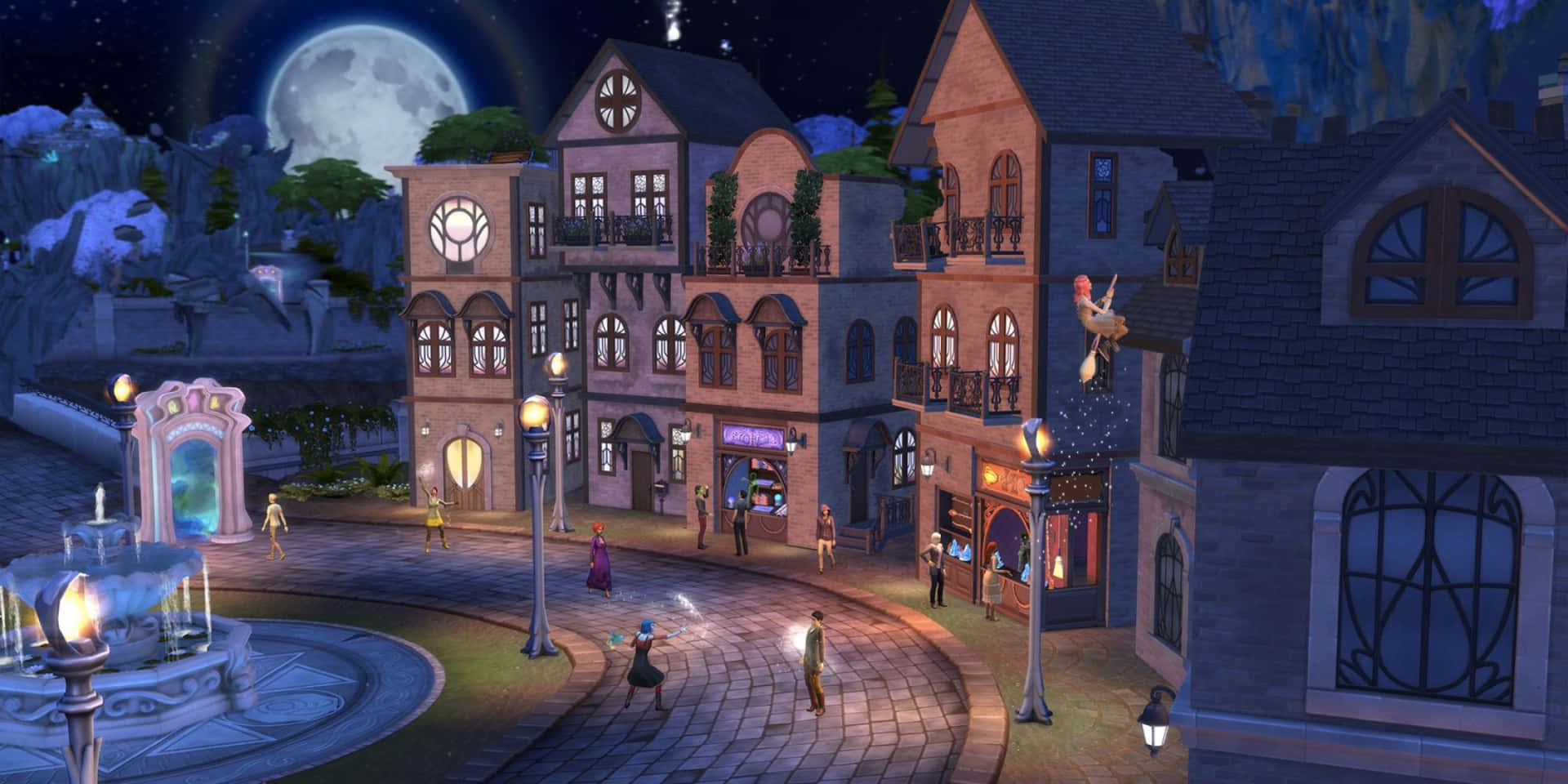 Enchanted Moonlit Magical Town Square Wallpaper