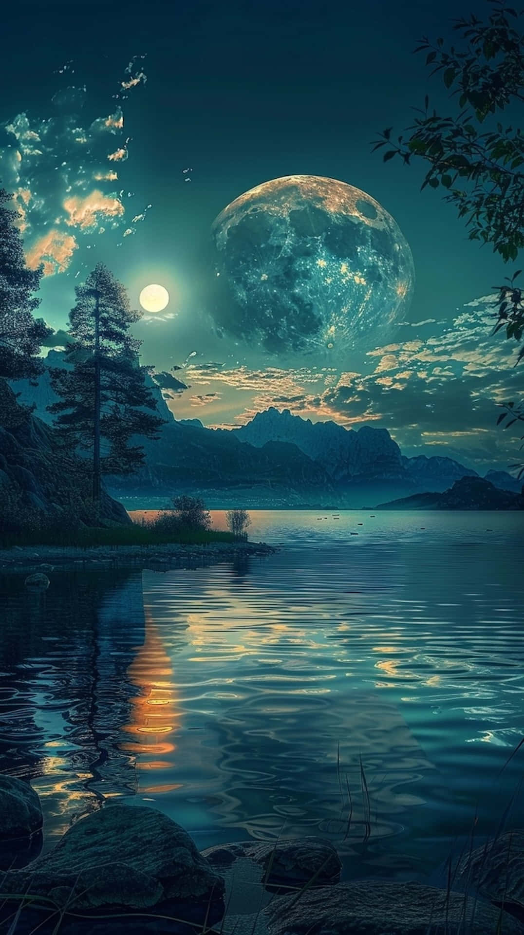 Enchanted_ Moonrise_ Over_ Lake Wallpaper