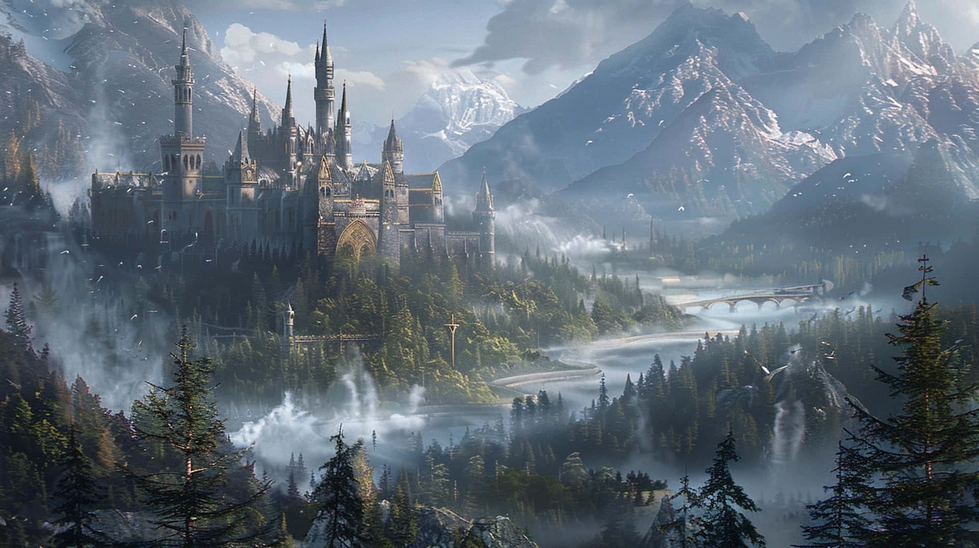 Enchanted_ Mountain_ Castle_ Fantasy_ Landscape Wallpaper