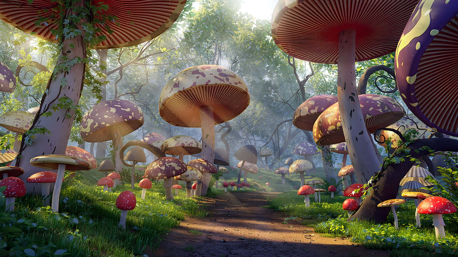 Enchanted_ Mushroom_ Forest_ Path Wallpaper