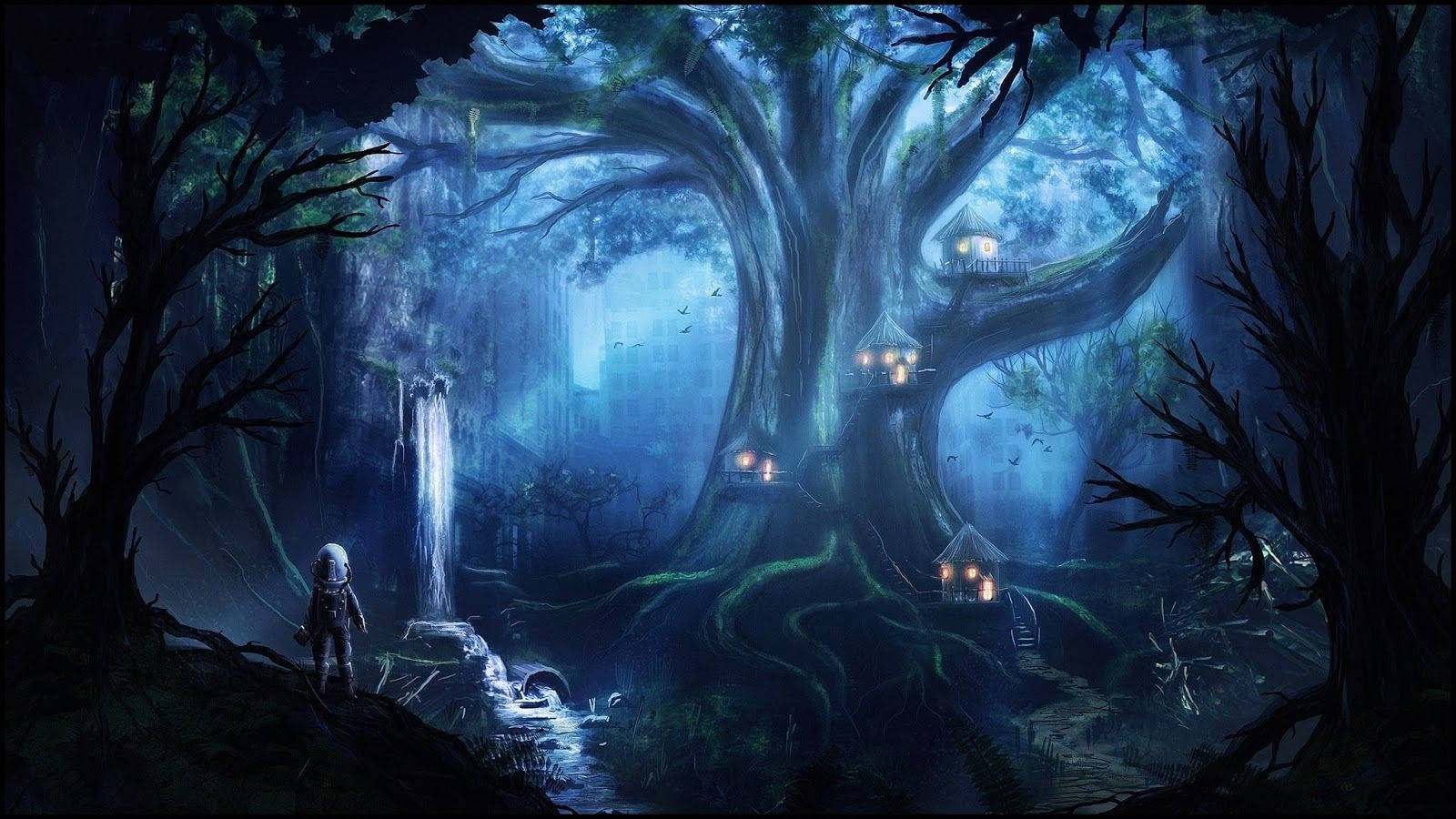 Enchanted Mystery Forest With A Waterfall Wallpaper