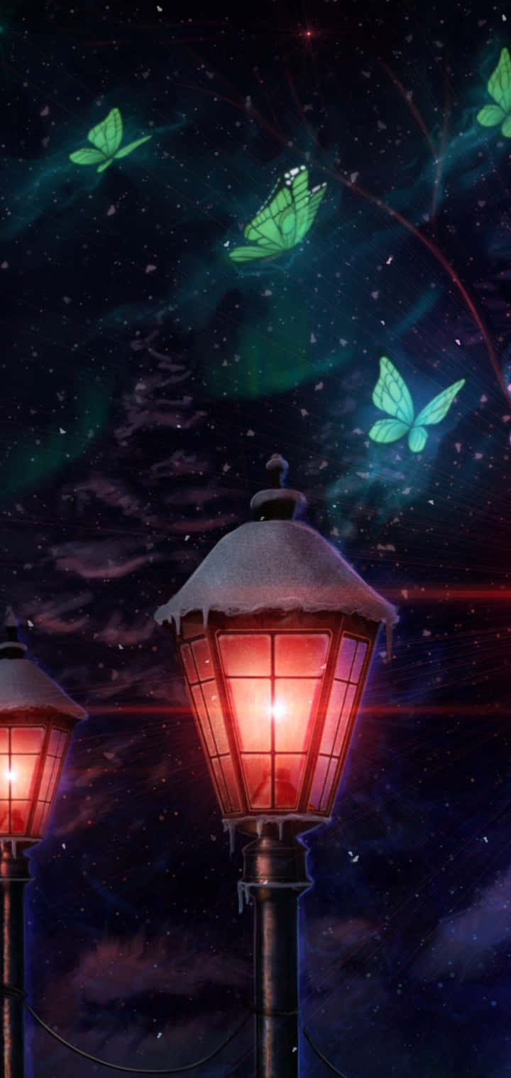 Enchanted Night Lampsand Butterflies Wallpaper