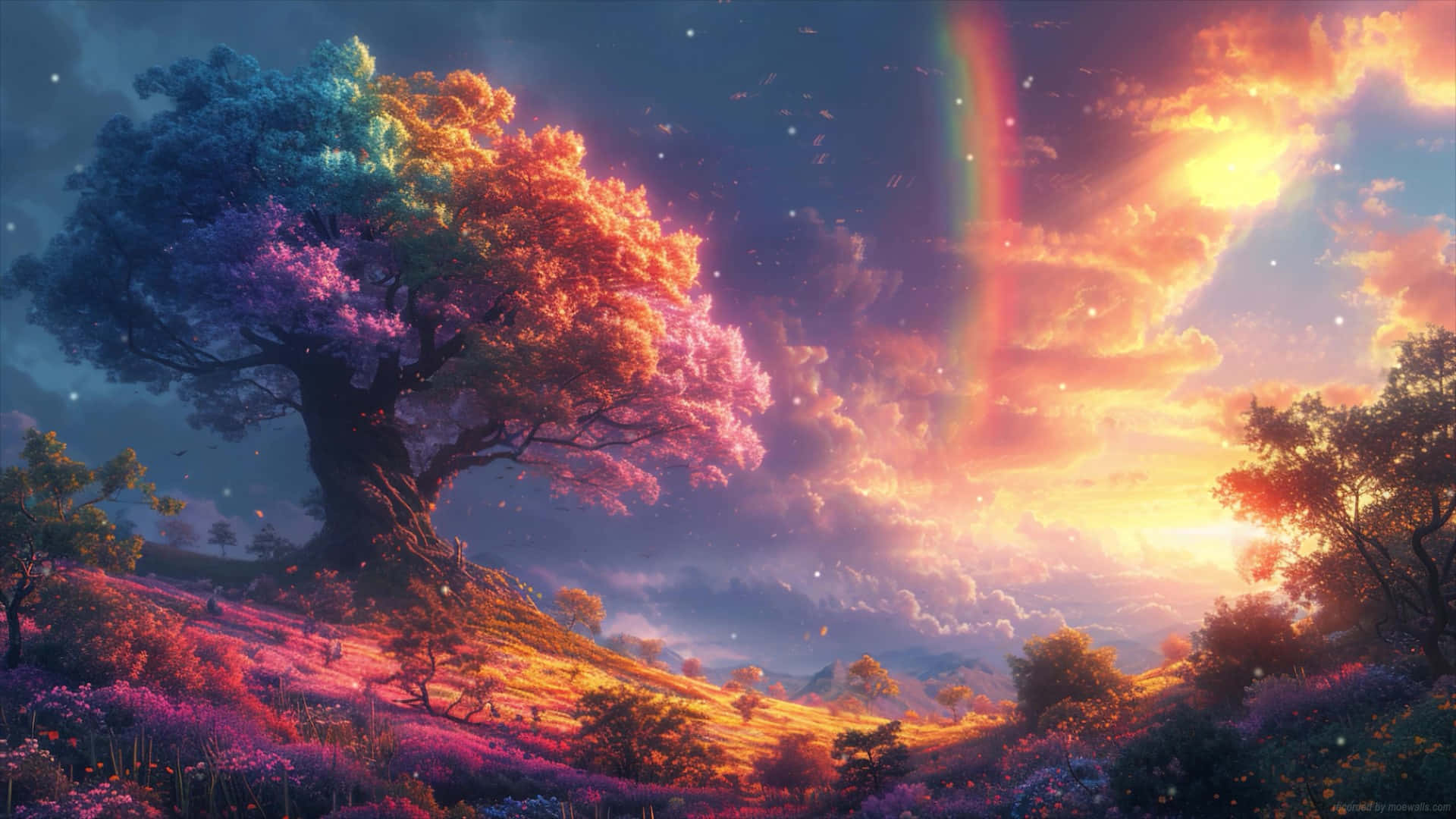 Enchanted Rainbow Tree_ Sunset Landscape Wallpaper