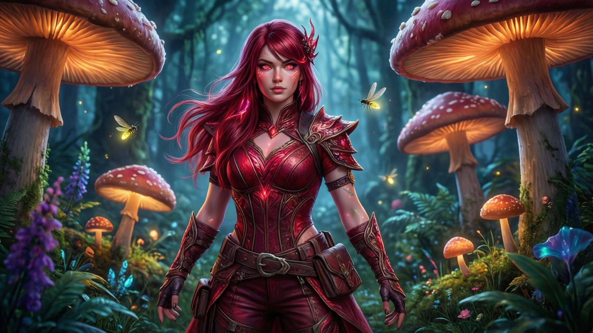 Ruby in einem magischen Wald mit leuchtenden Pilzen und Glühwürmchen.