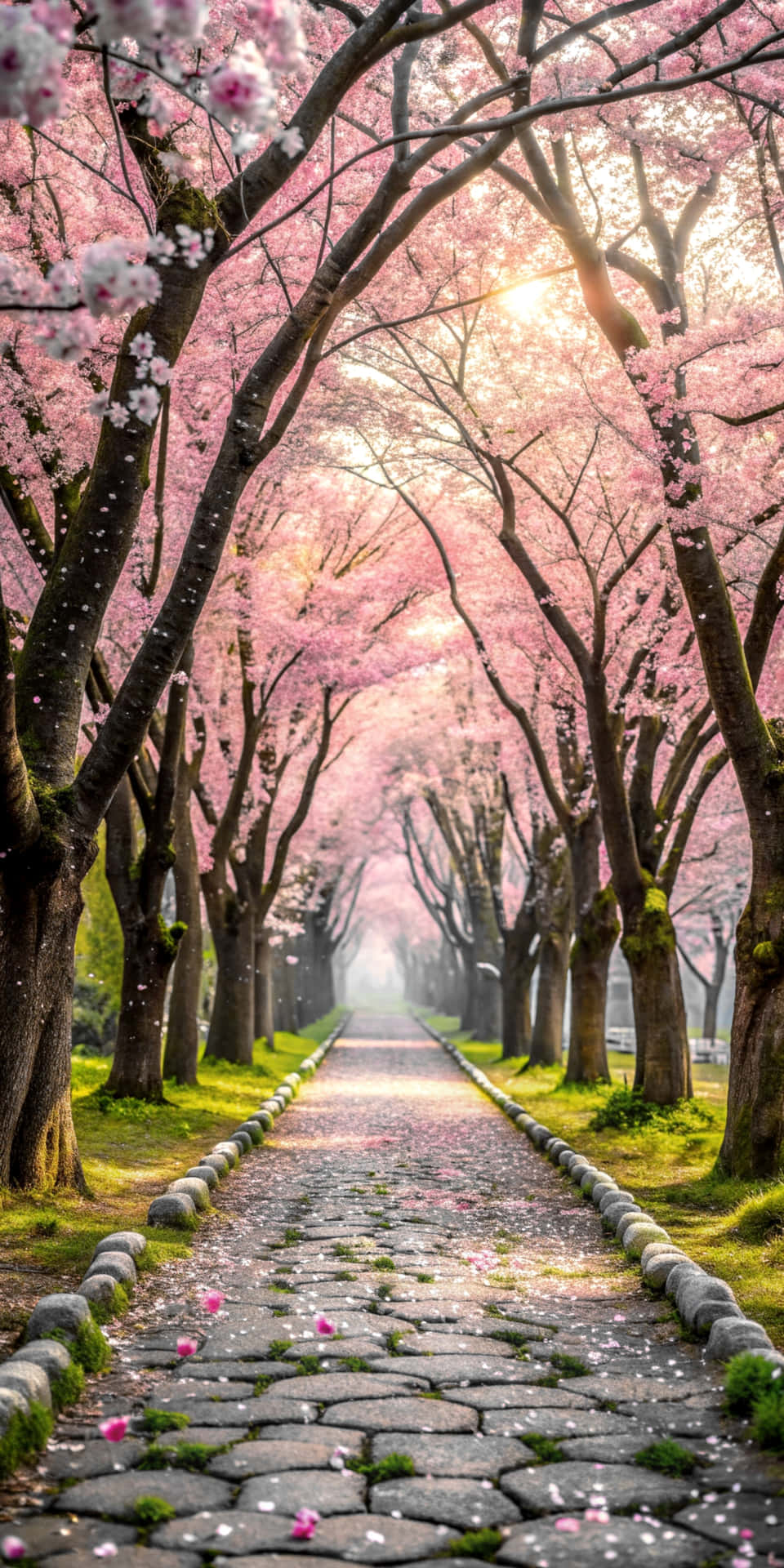 Enchanted Sakura Grove With A Serene Bridge And Blooming Petals Wallpaper