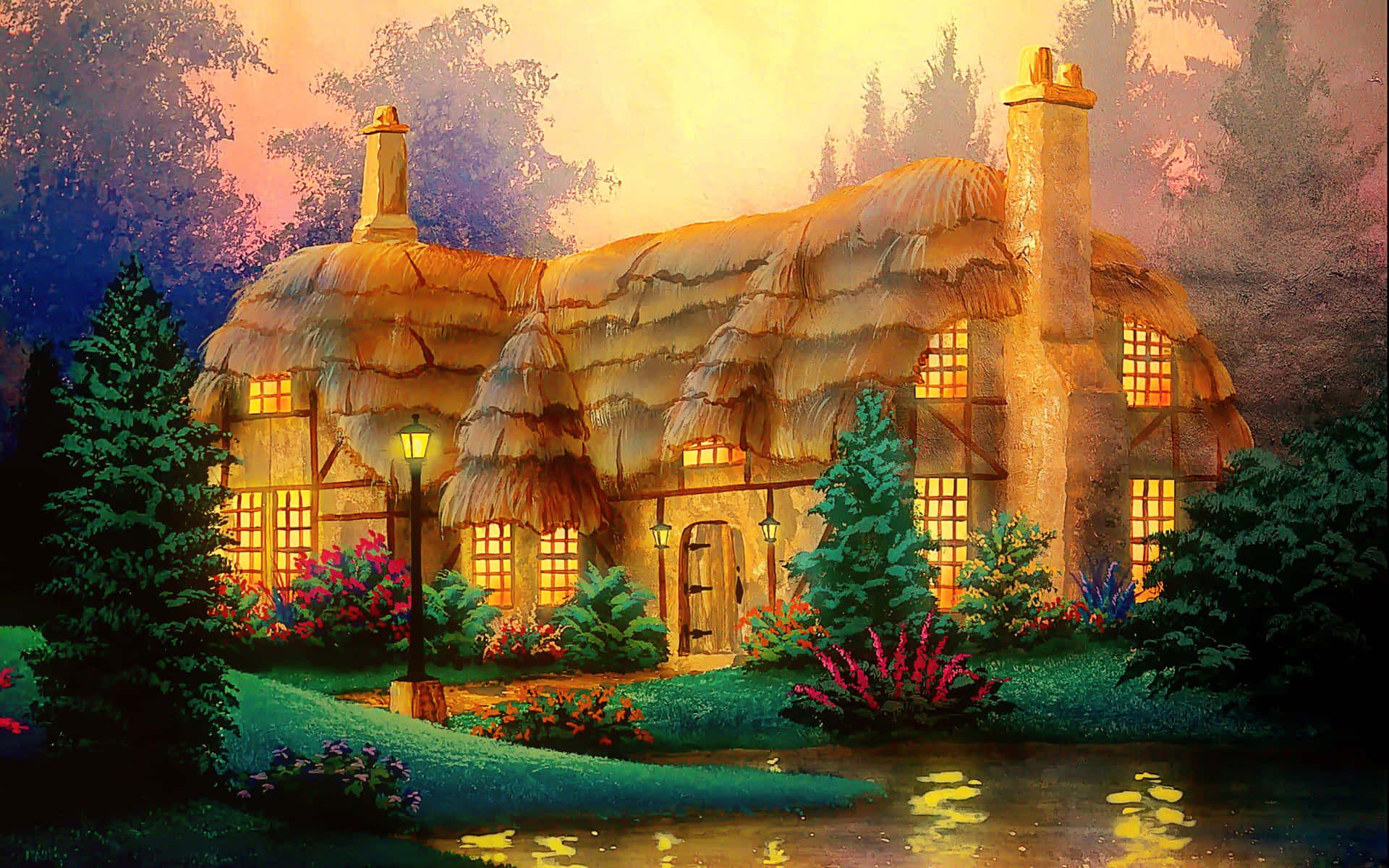 Enchanted Thatched Cottage Night Wallpaper