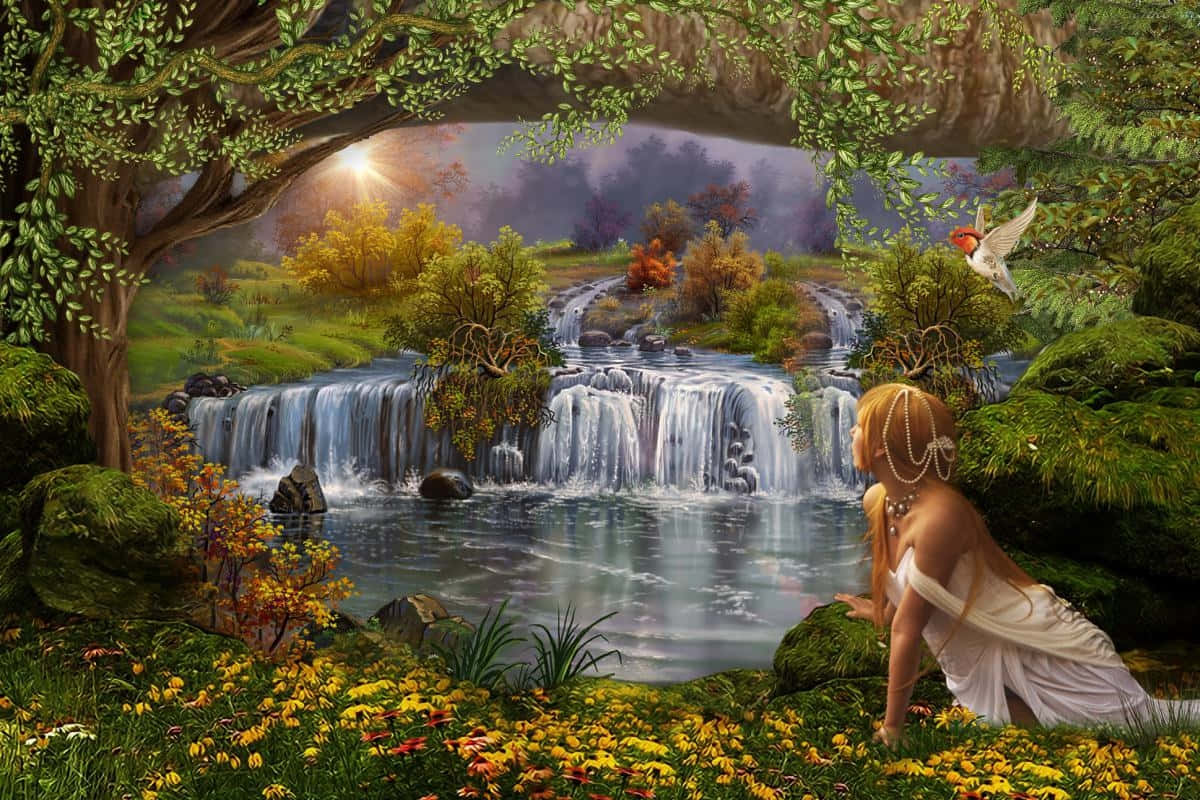 Enchanted_ Waterfall_ Garden_ Fantasy Wallpaper