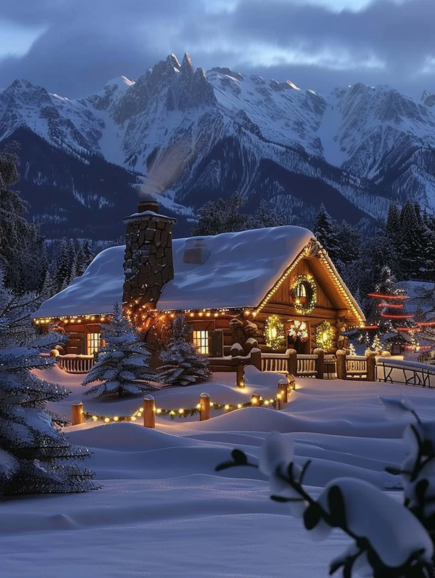 Enchanted Winter Cabin Christmas Lights Wallpaper