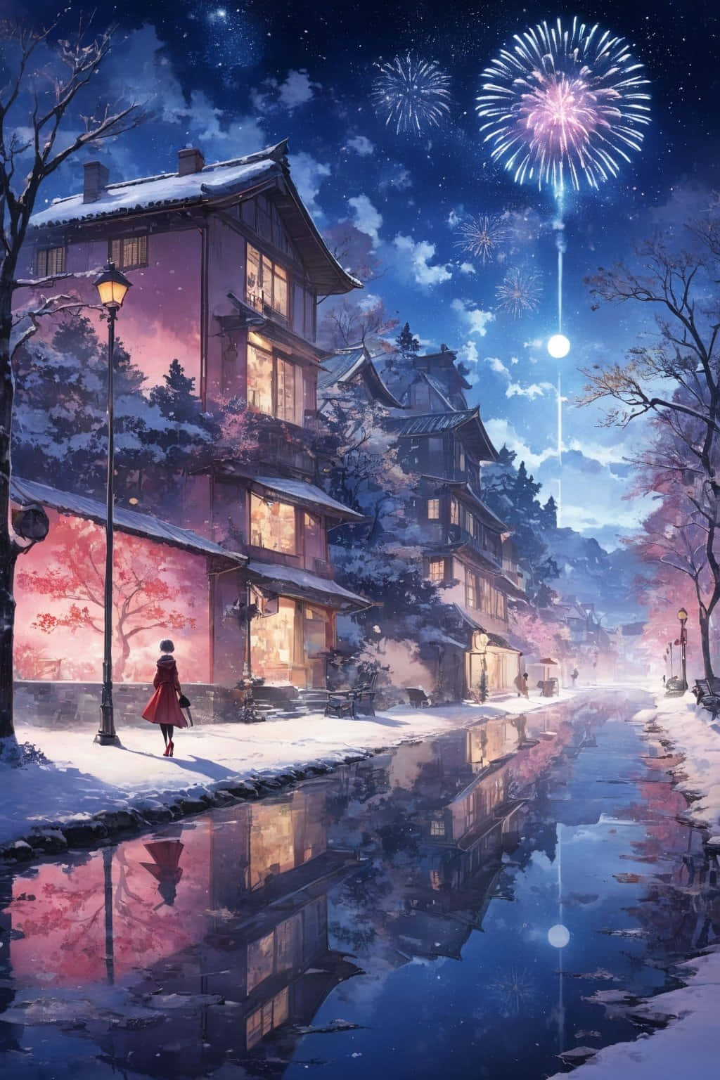 Enchanted Winter Evening Fireworks Wallpaper