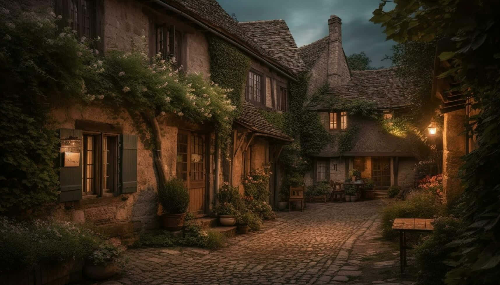 Enchanting Cottage Twilight Scene Wallpaper