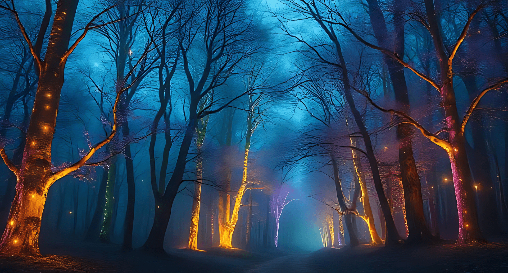 Enchanting Forest At Dusk With Bare Trees Illuminated By Colorful Fairy Lights In Purple, Yellow, An Wallpaper