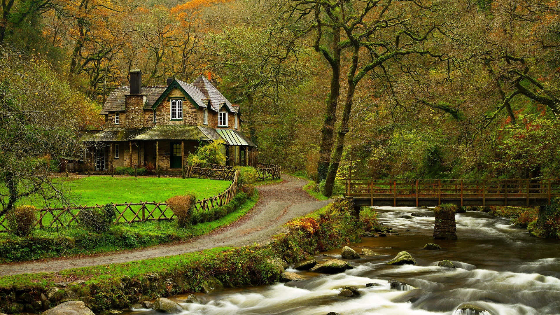 Enchanting Forest Cottage Autumn Wallpaper