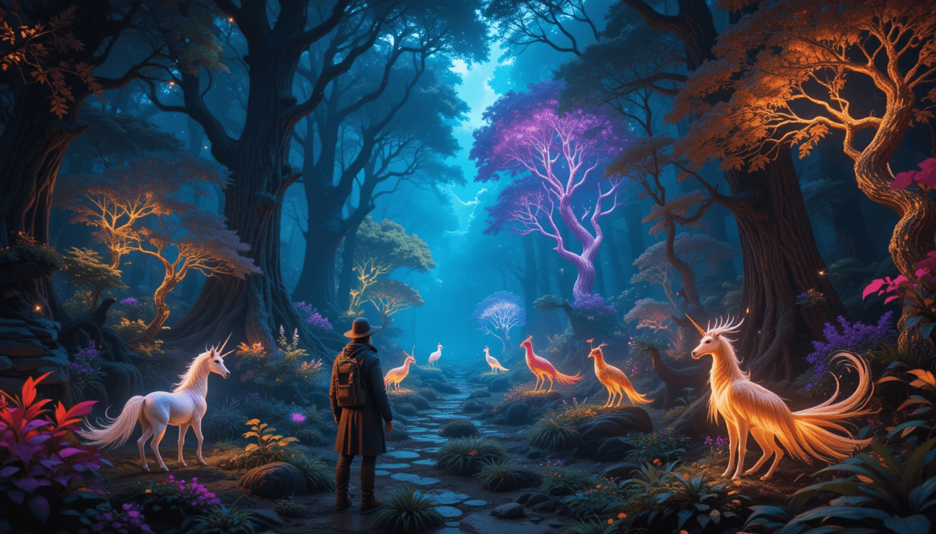 Enchanting Forest Path With Unicorn And Mythical Creatures Wallpaper