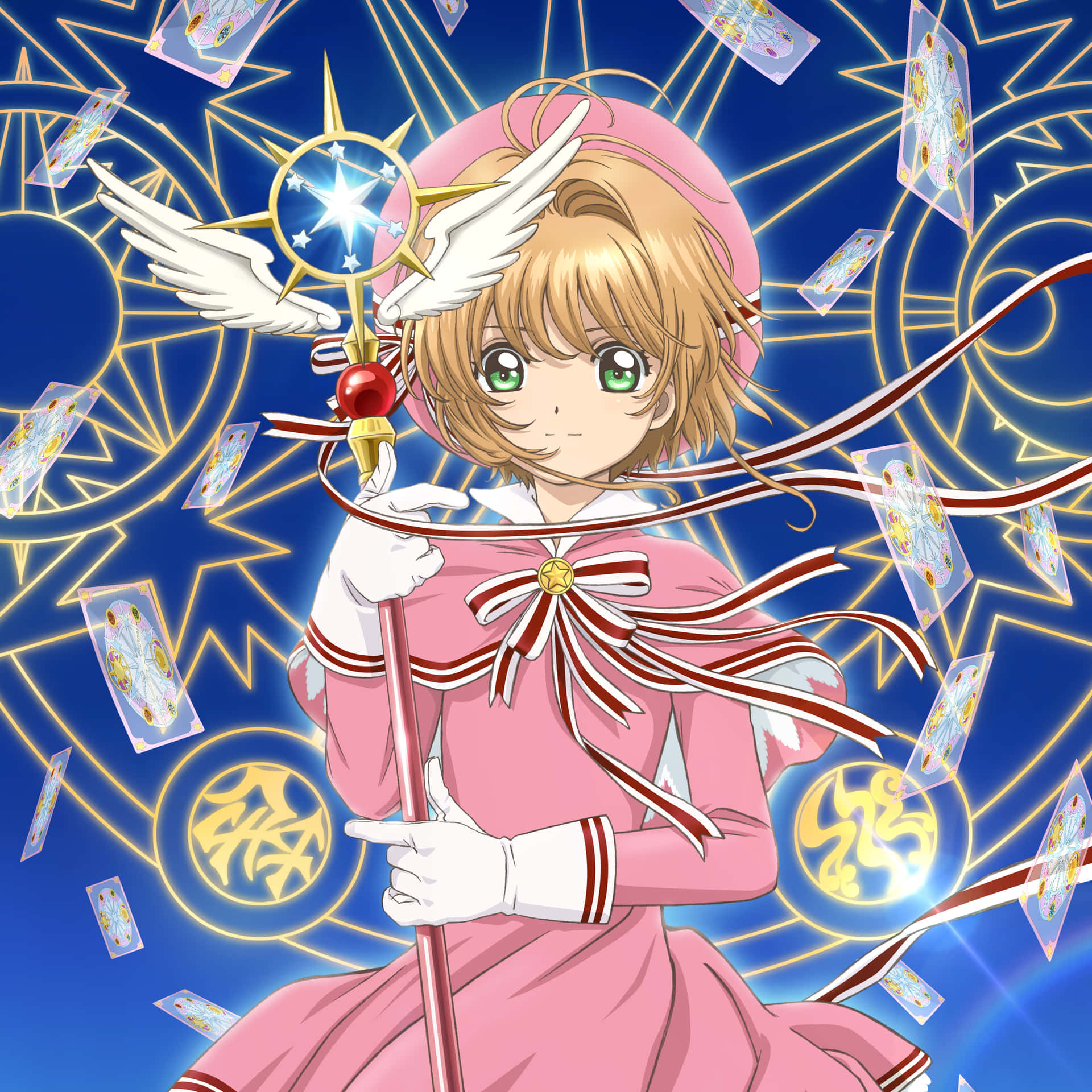 Enchanting Sakura Kinomoto Showcasing Her Magic Card In Battle-ready Pose Wallpaper