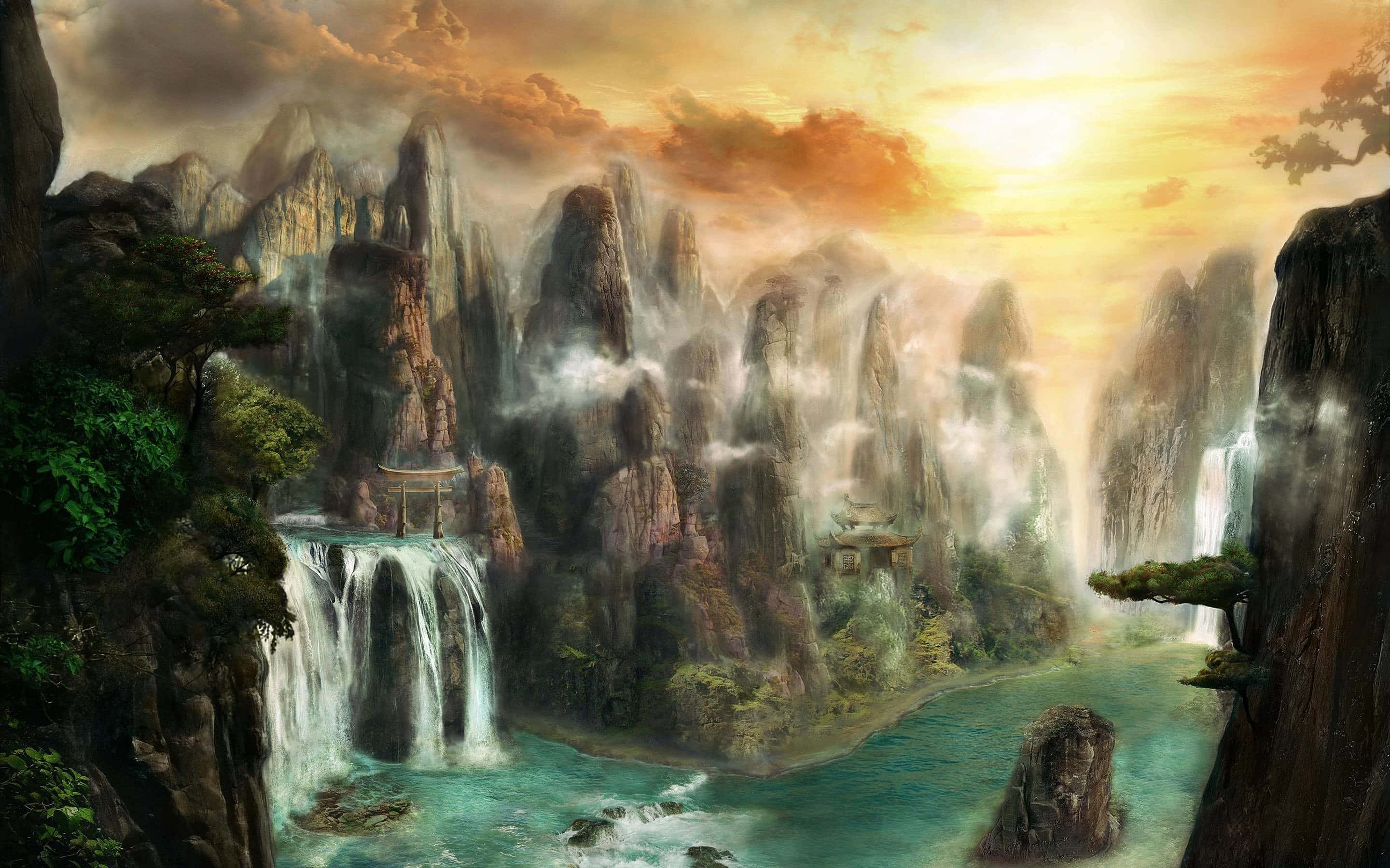 Enchanting Twilight Over A Mystical Fantasy World Wallpaper