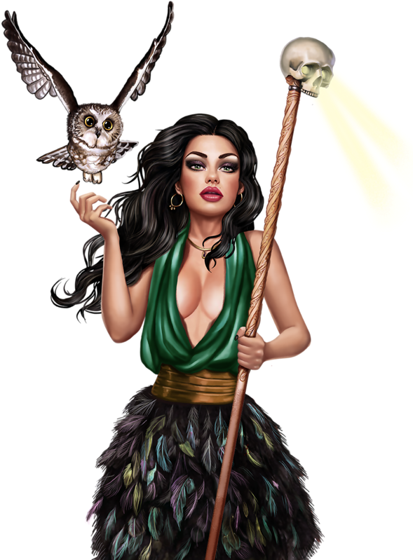 Enchantress_with_ Owl_and_ Staff PNG