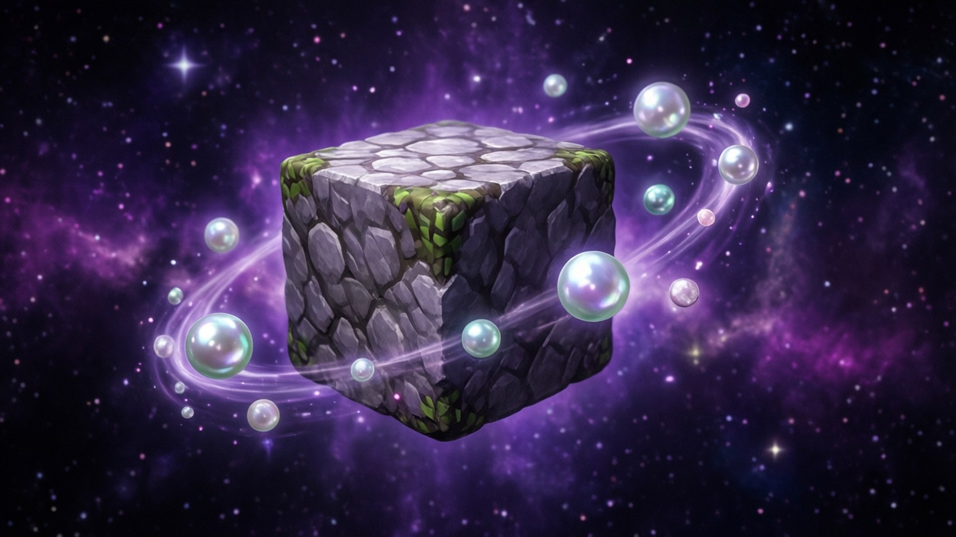 End stone block with orbiting ender pearls in space