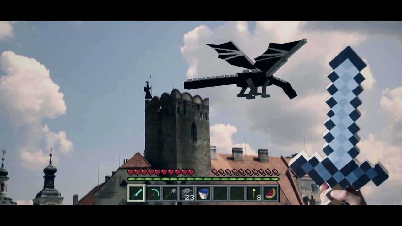 A Dragon Flying Over A Castle With A Sword