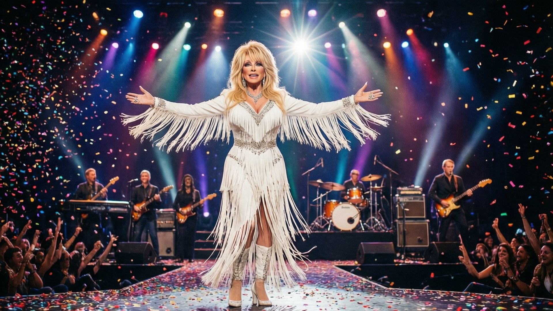 Dolly Parton optræder på scenen i et hvidt frynseoutfit med faldende konfetti og band bag sig. — Dolly Parton Wallpapers