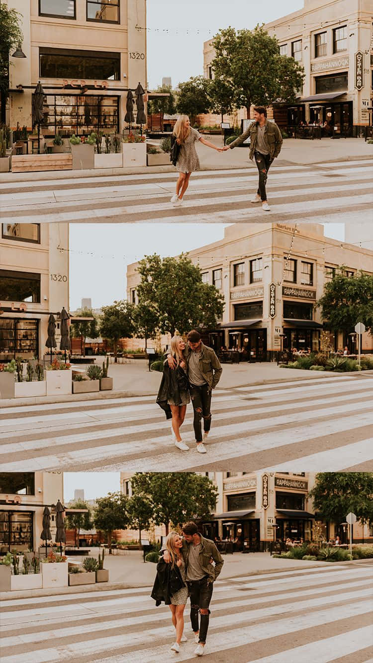 Engagiertespaar Auf Dem Fußgängerweg Fotografieren