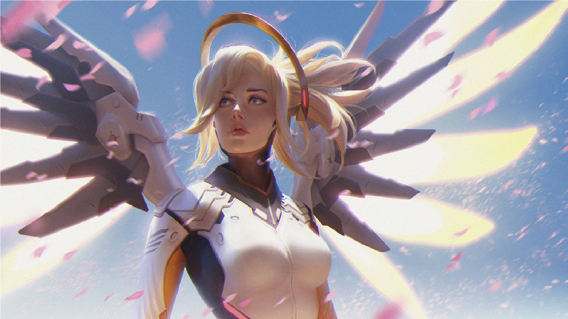 Engaging Concept Art Of Overwatch's Mercy In Battle Wallpaper