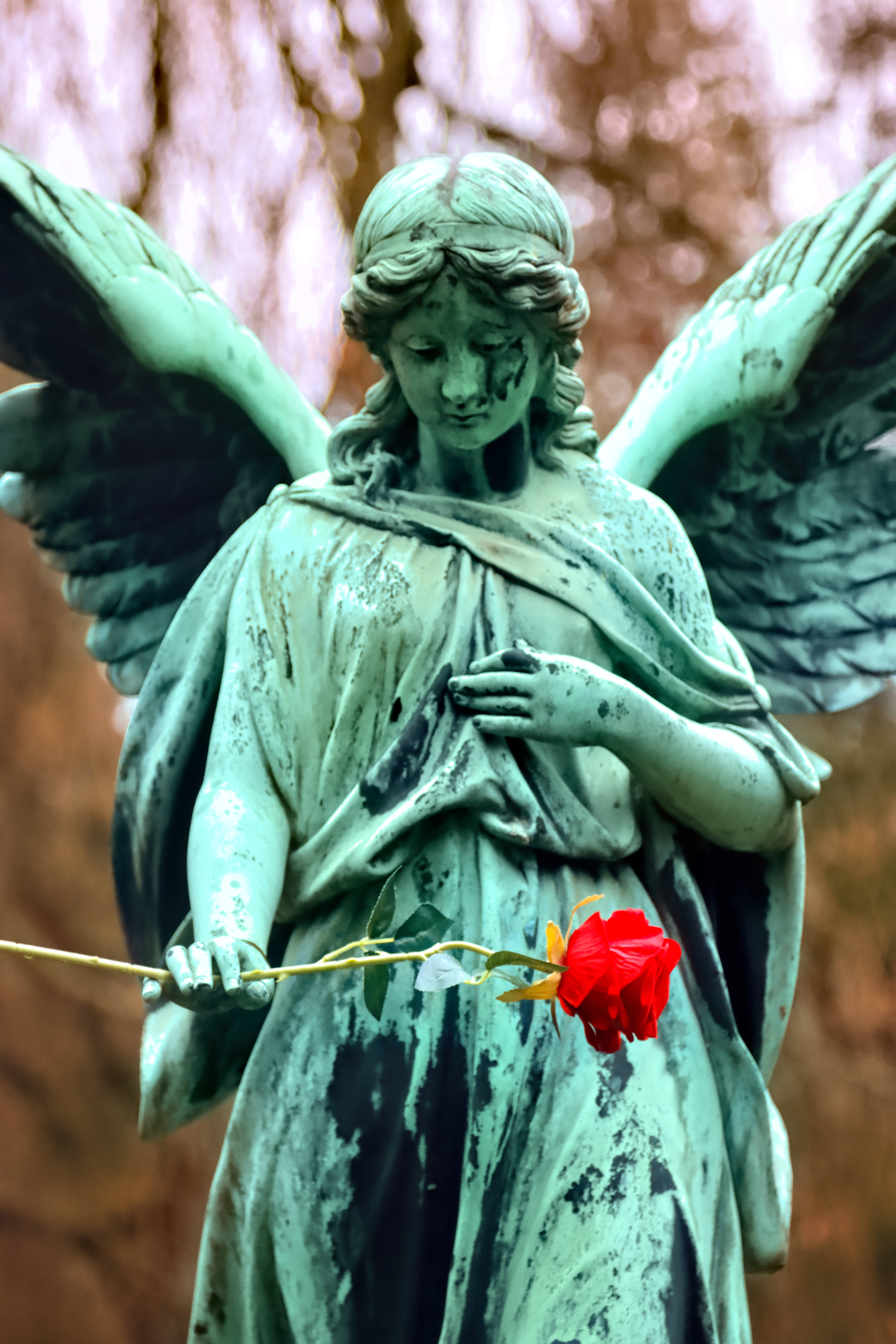 Angel Wallpaper — A weathered green angel statue holds a single red rose against a blurred autumnal background.