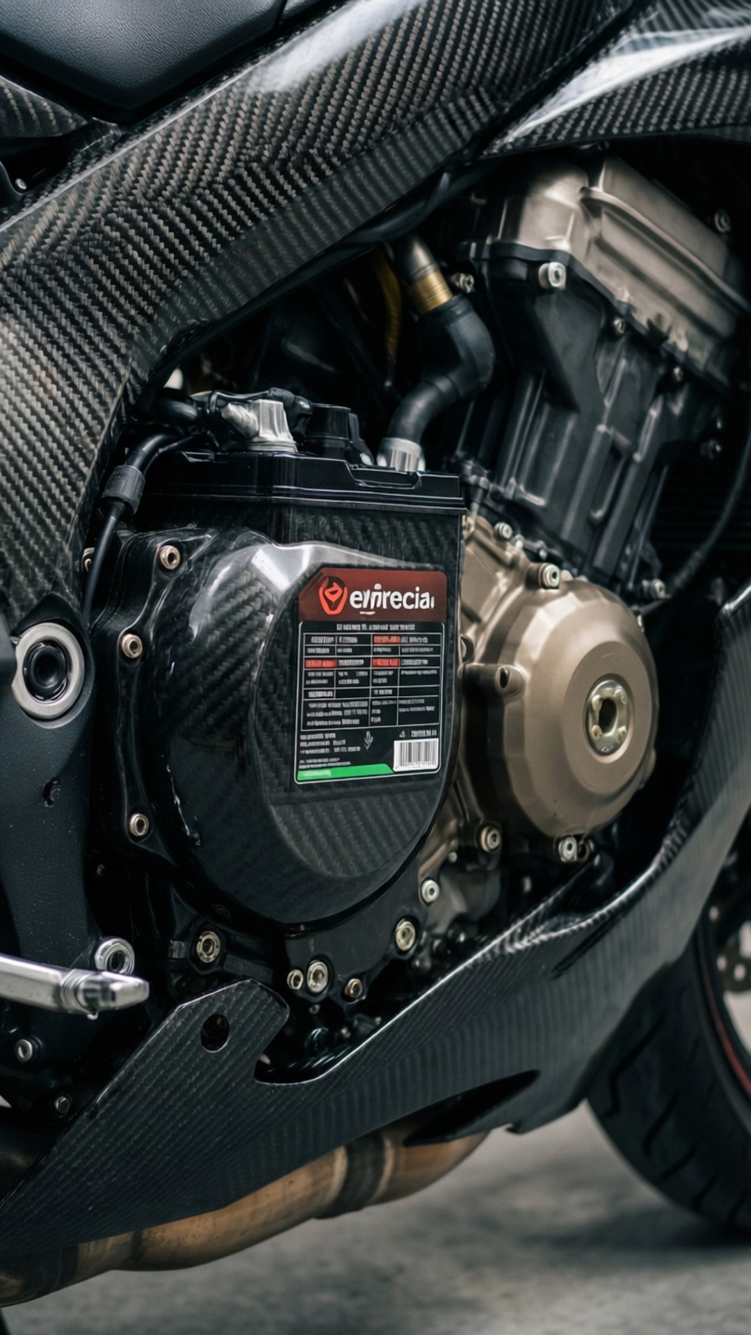 Close-up of a motorcycle engine with carbon fiber and metallic parts.