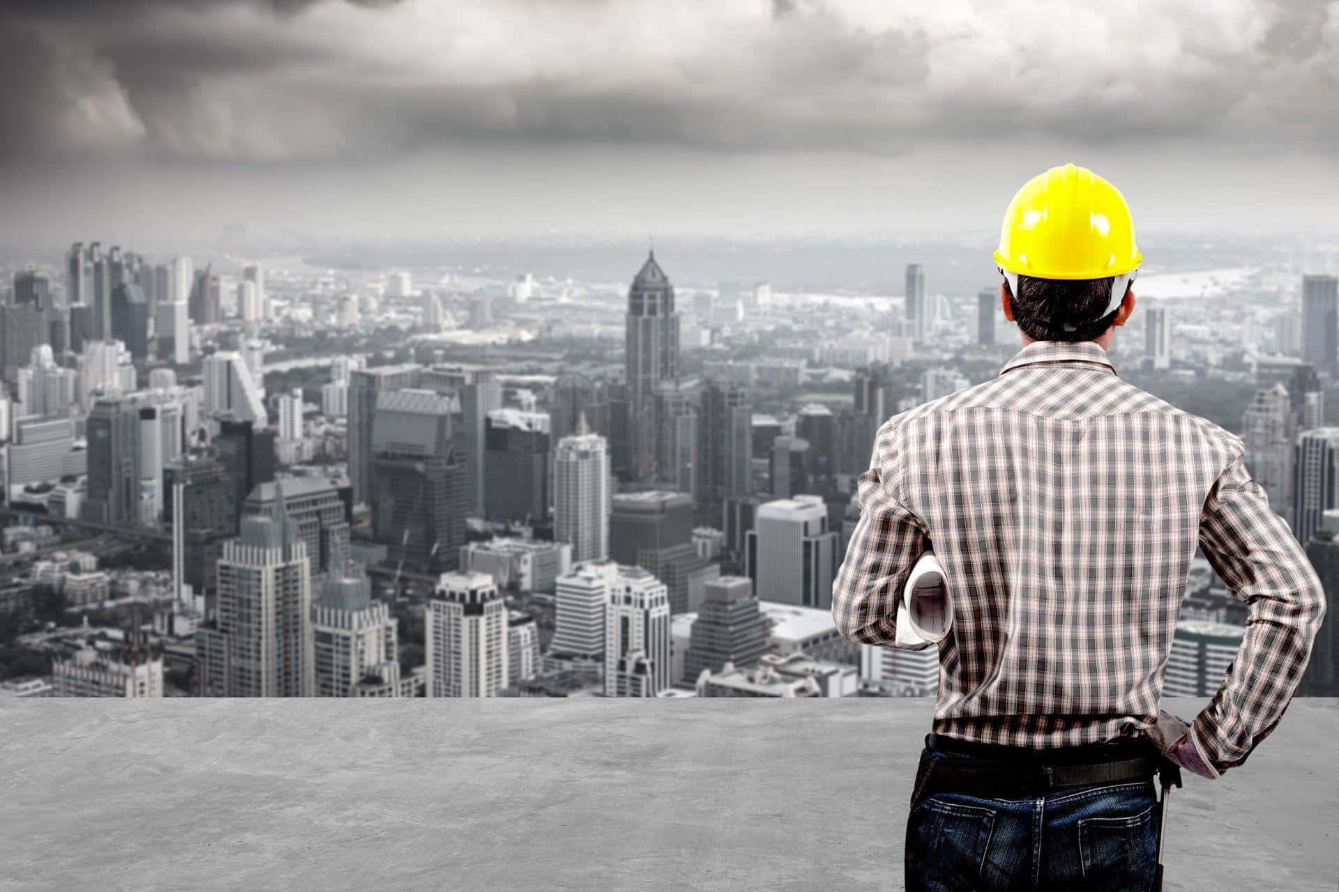 A Man In A Hard Hat Looking At A City
