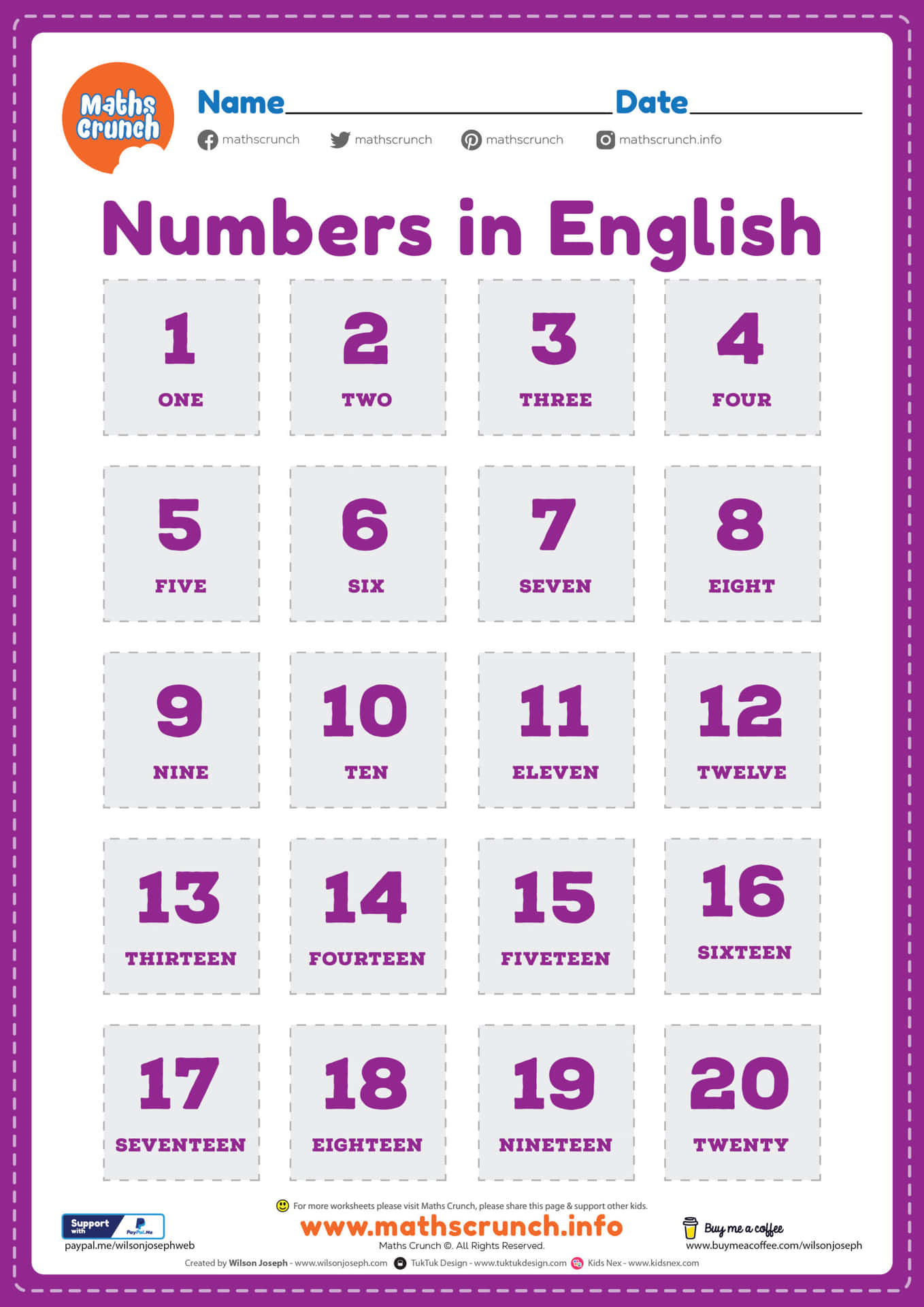 English Numbers Activity Card Picture