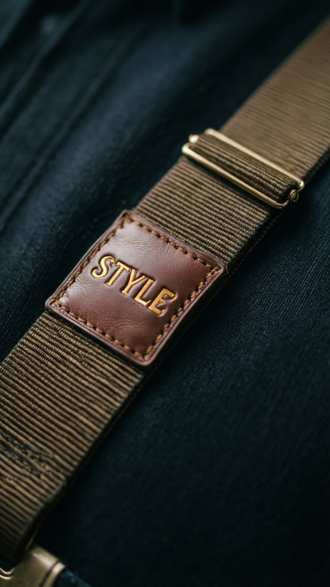 Close-up van bretels leren patch met gegraveerde tekst 'STYLE'.