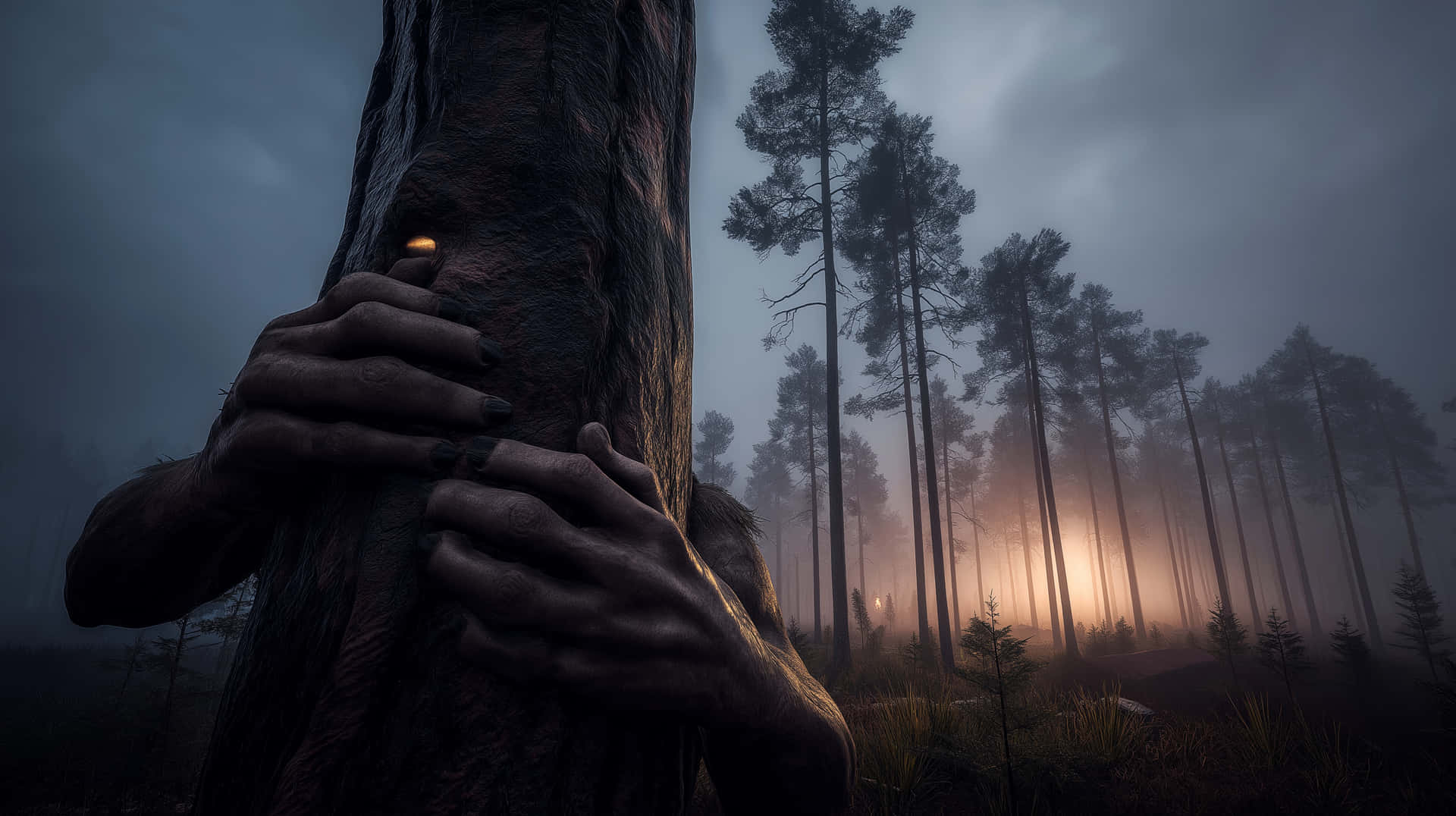 Enigmatic Figure With Glowing Gaze Clasping A Forest Tree Wallpaper