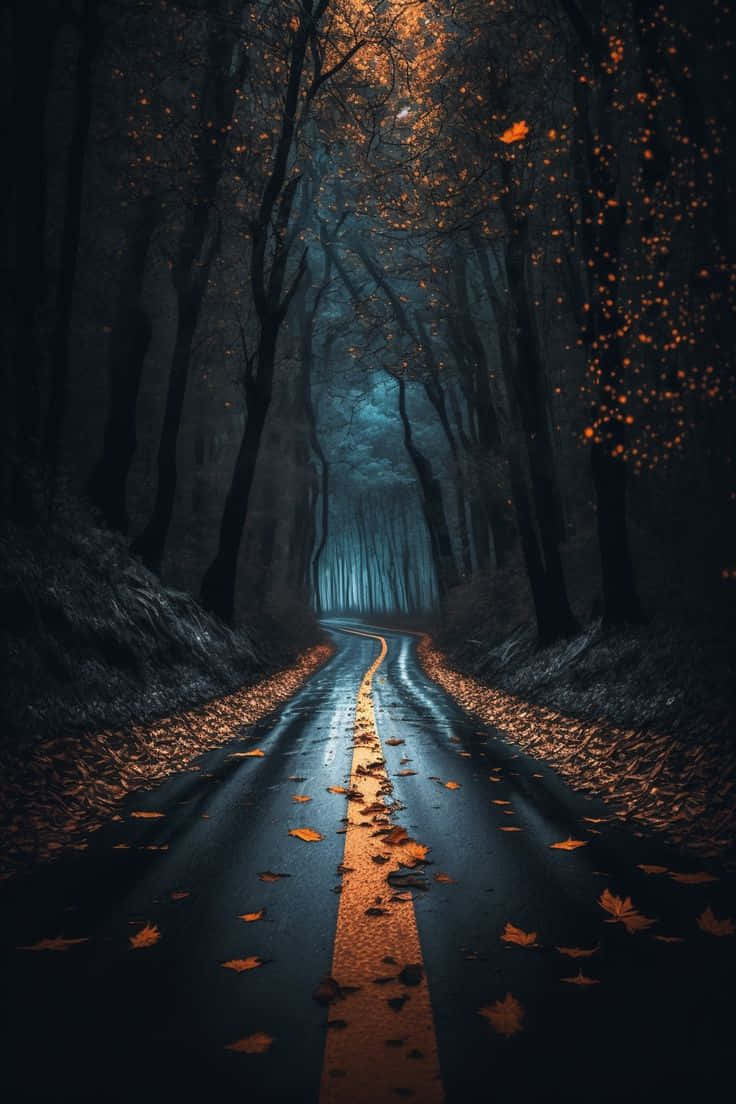 Enigmatic Forest Roadat Night Wallpaper