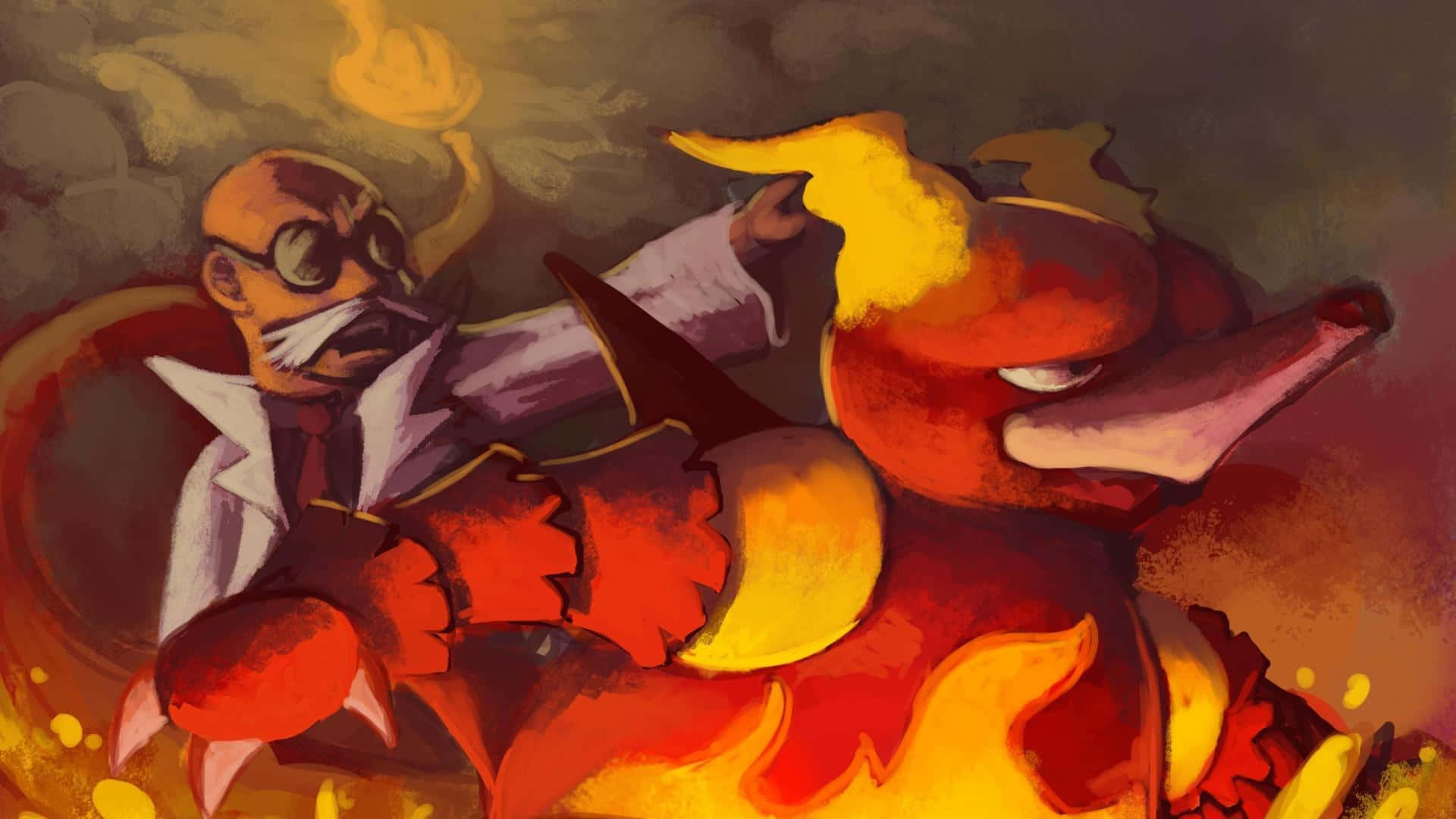 Enthralling Encounter Between Magmar And The Old Trainer Wallpaper