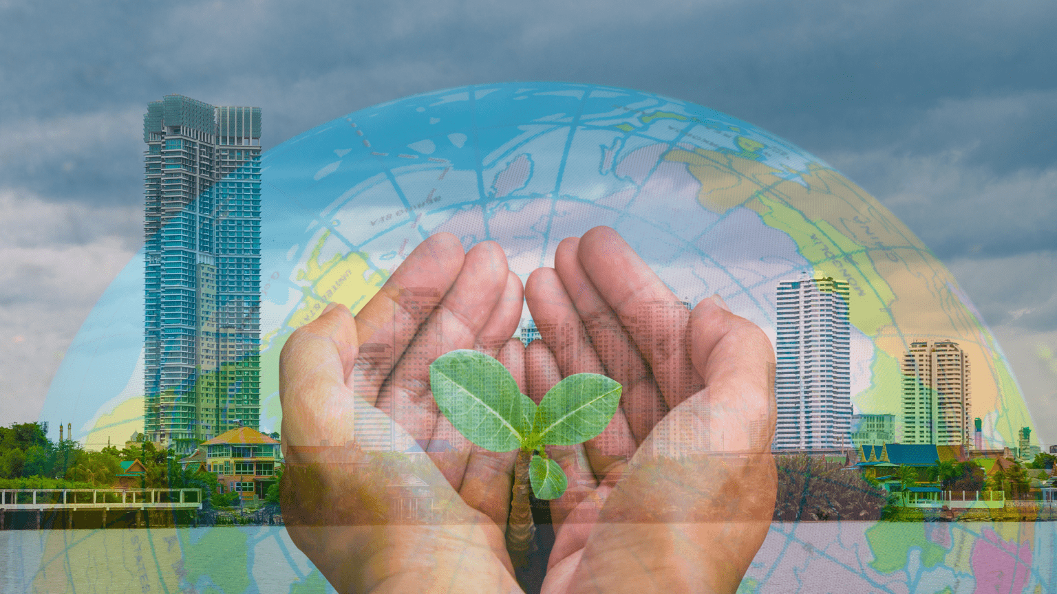 Nature Comes To Life Background — Hands cradle a small green sapling against a backdrop of a translucent globe overlaying a modern cityscape under a cloudy sky.