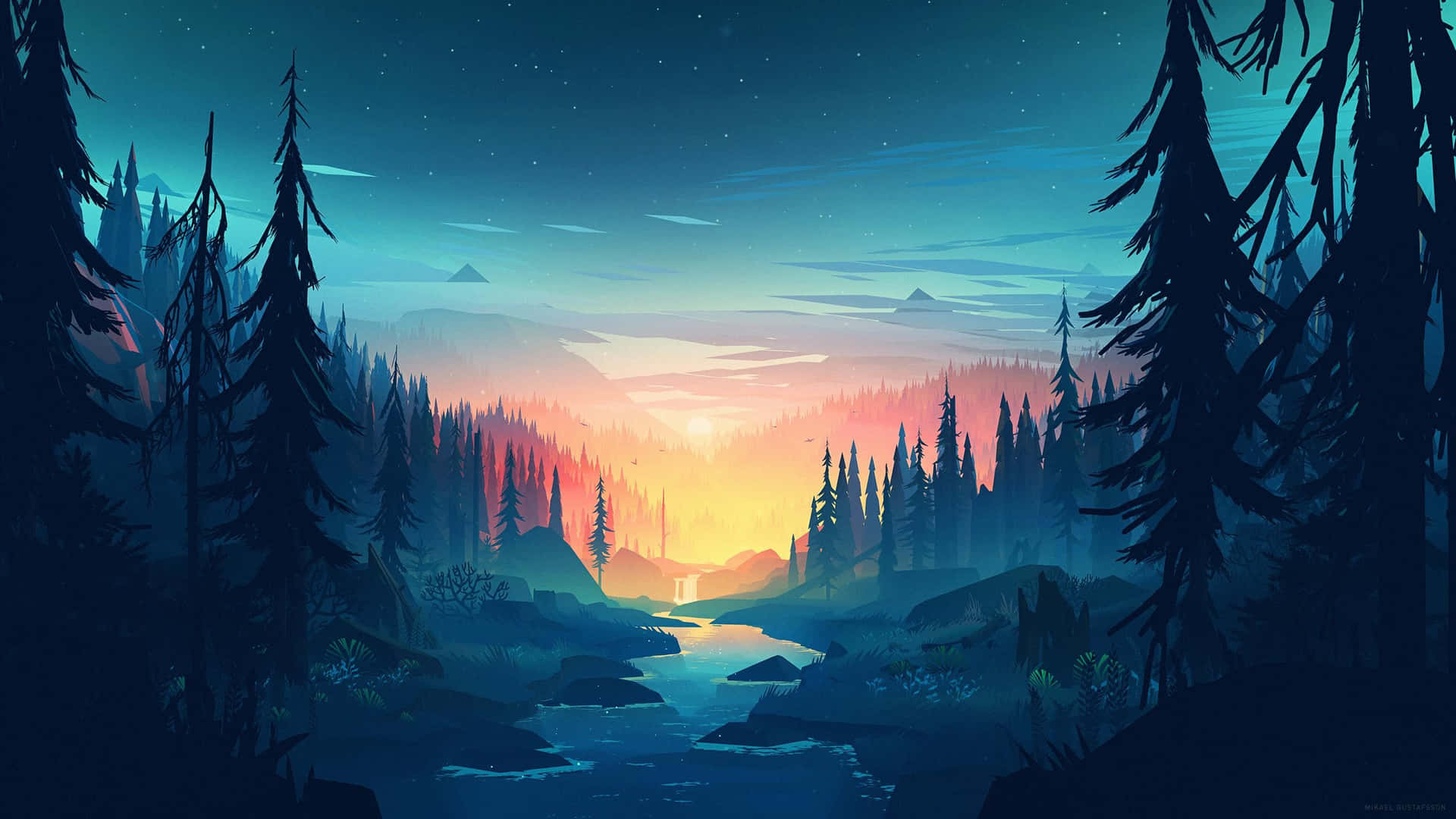 Environment Painting Forest Sunset Wallpaper