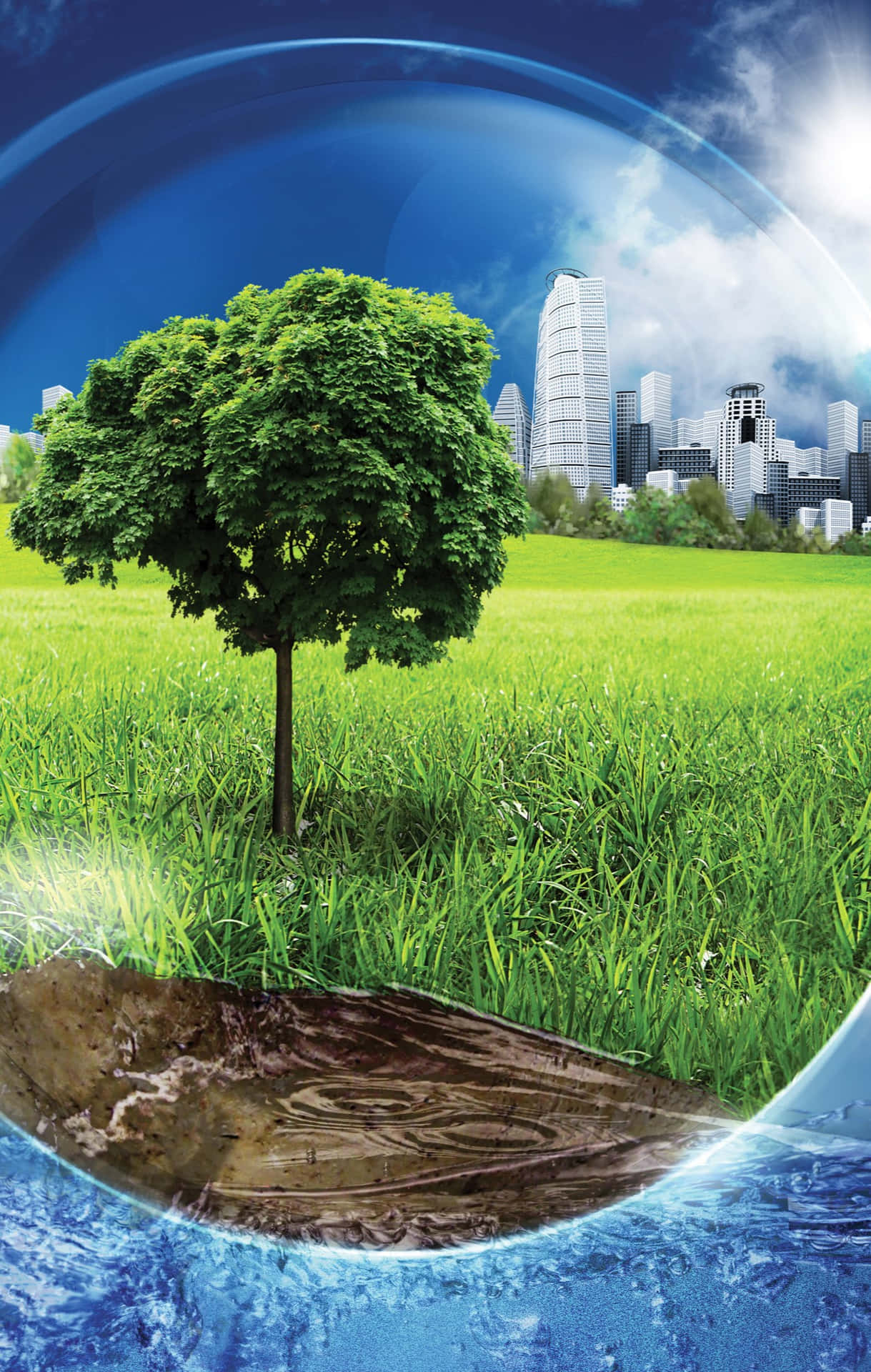 Environmental Contrast Tree City Sphere Wallpaper