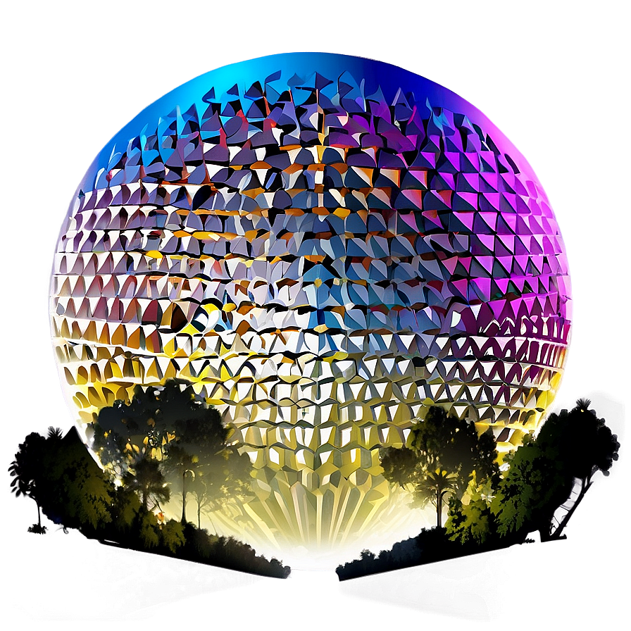 epcot b PNG — A giant geometric sphere with triangular facets glows with rainbow hues above a silhouetted forest at twilight.