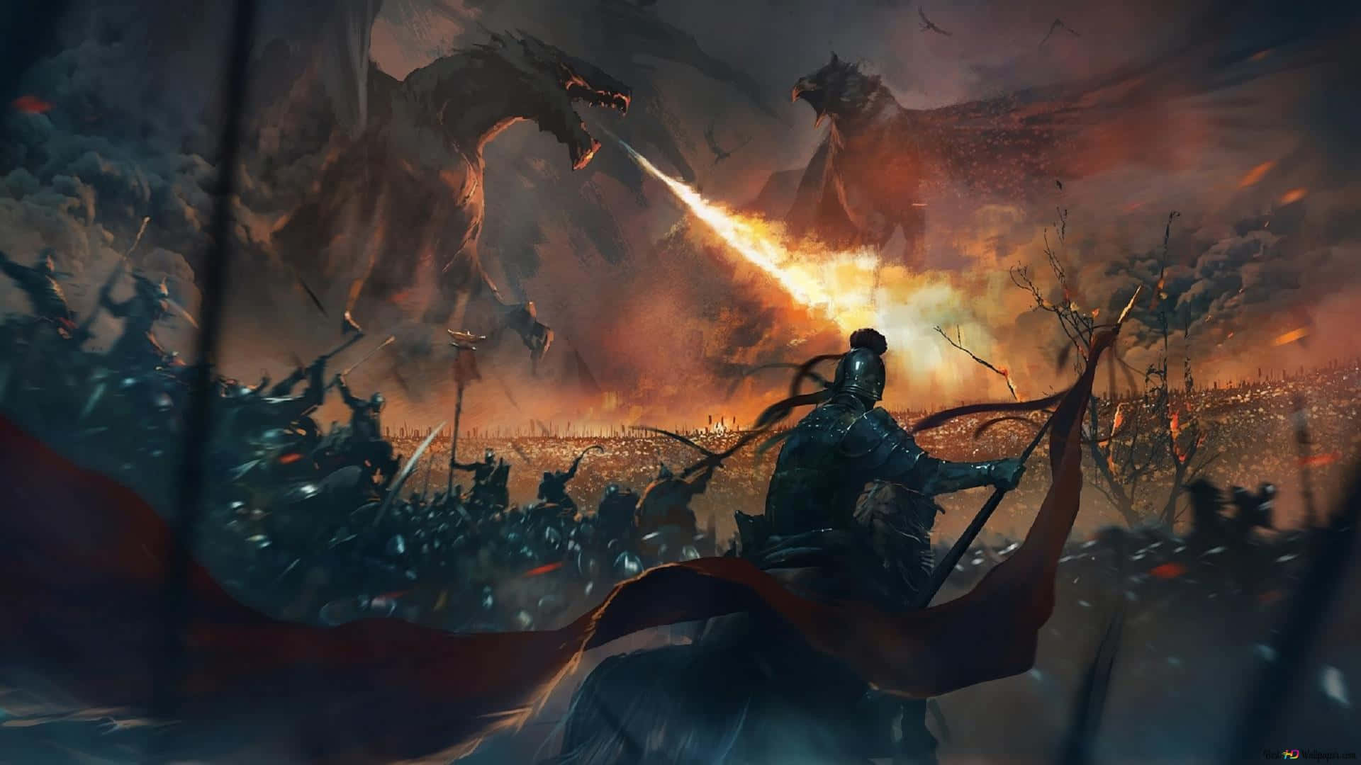 Two armies clash on a battlefield in an incredible and epic battle Wallpaper