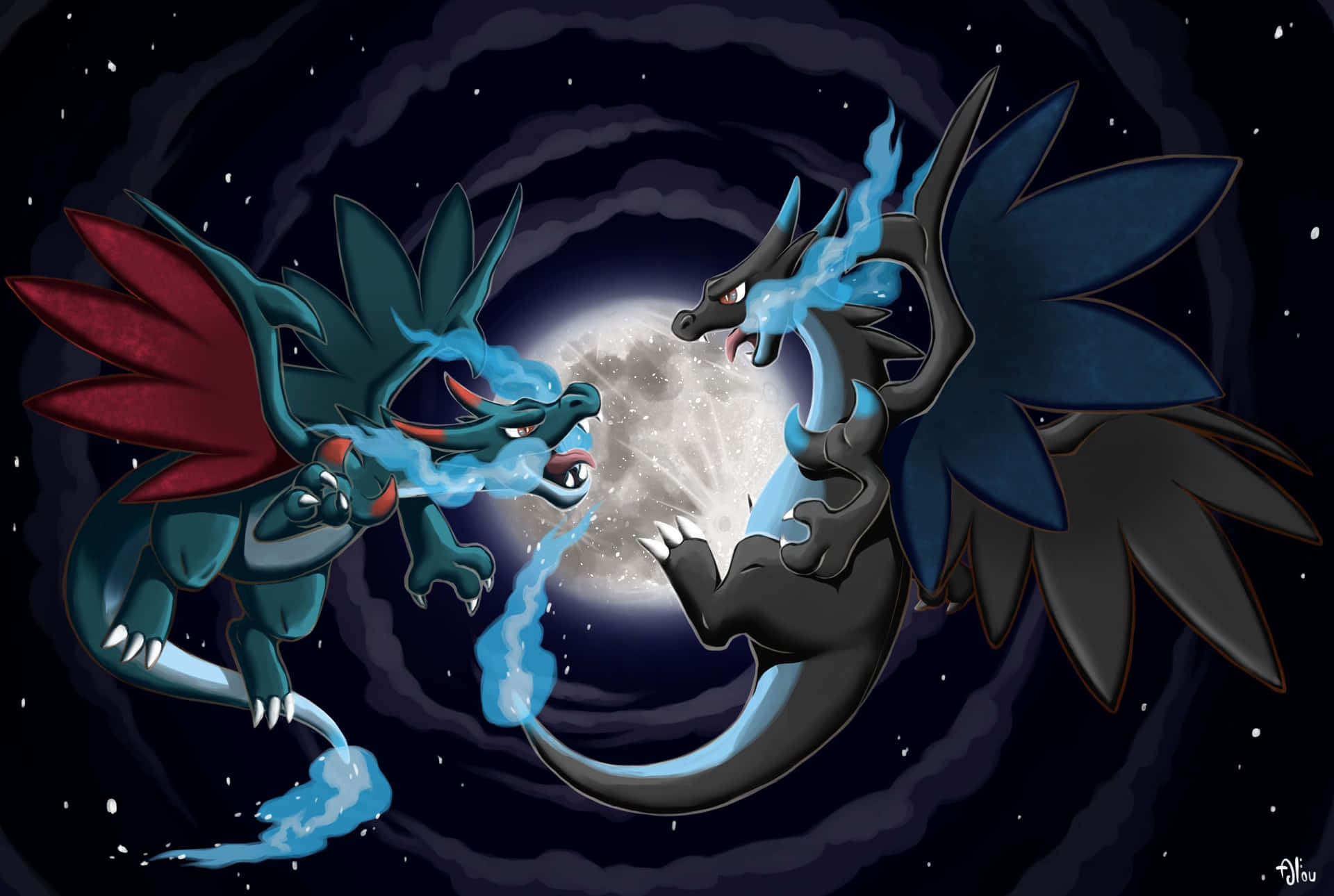 Epic Charizard X Mega In Front Of Moon Wallpaper