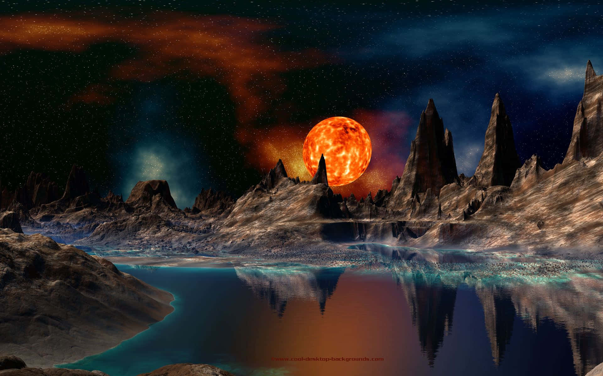 Unplaneta Con Una Luna Y Un Lago Fondo de pantalla