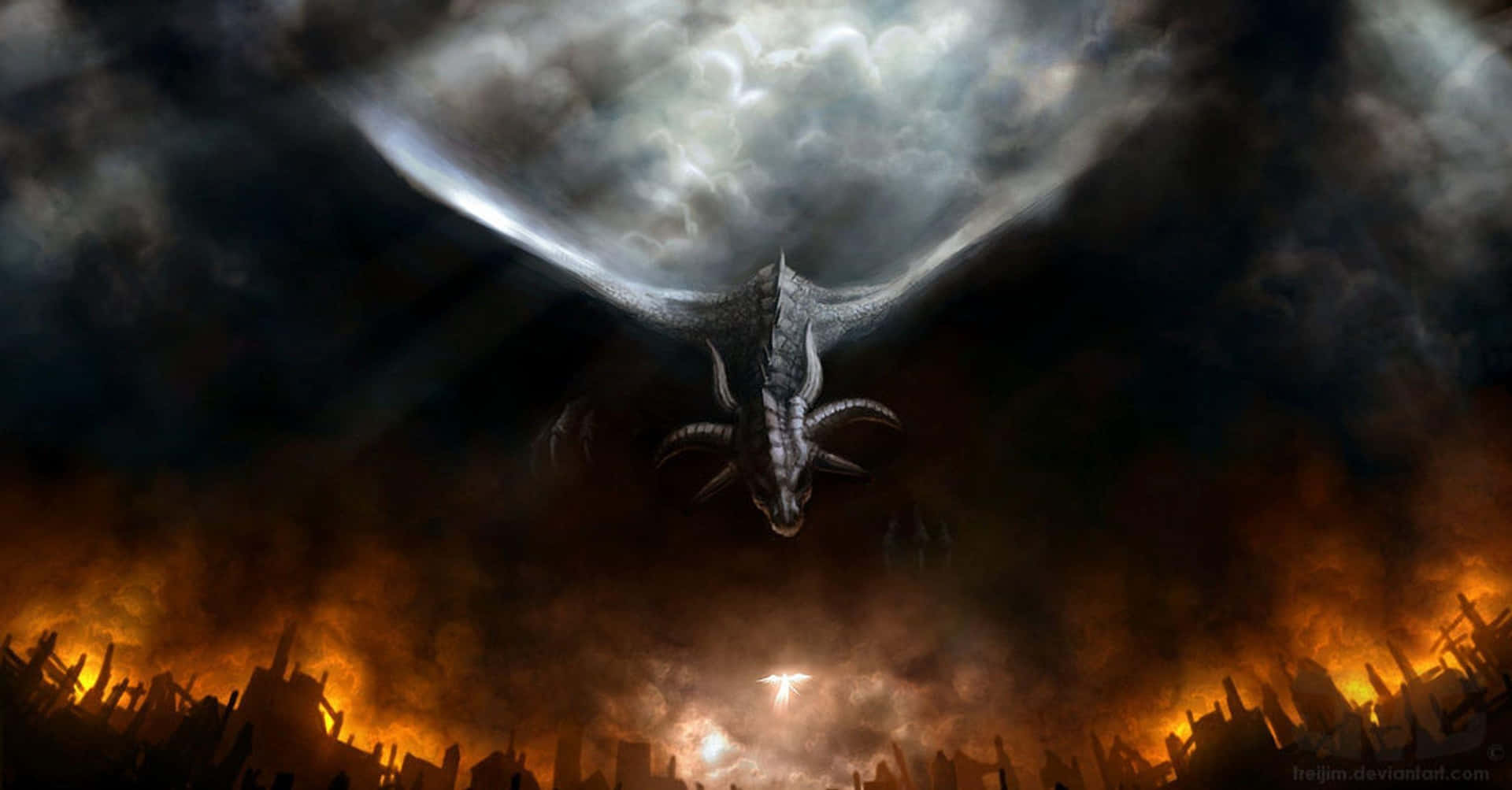 A Dragon Flying Over A Fire Wallpaper
