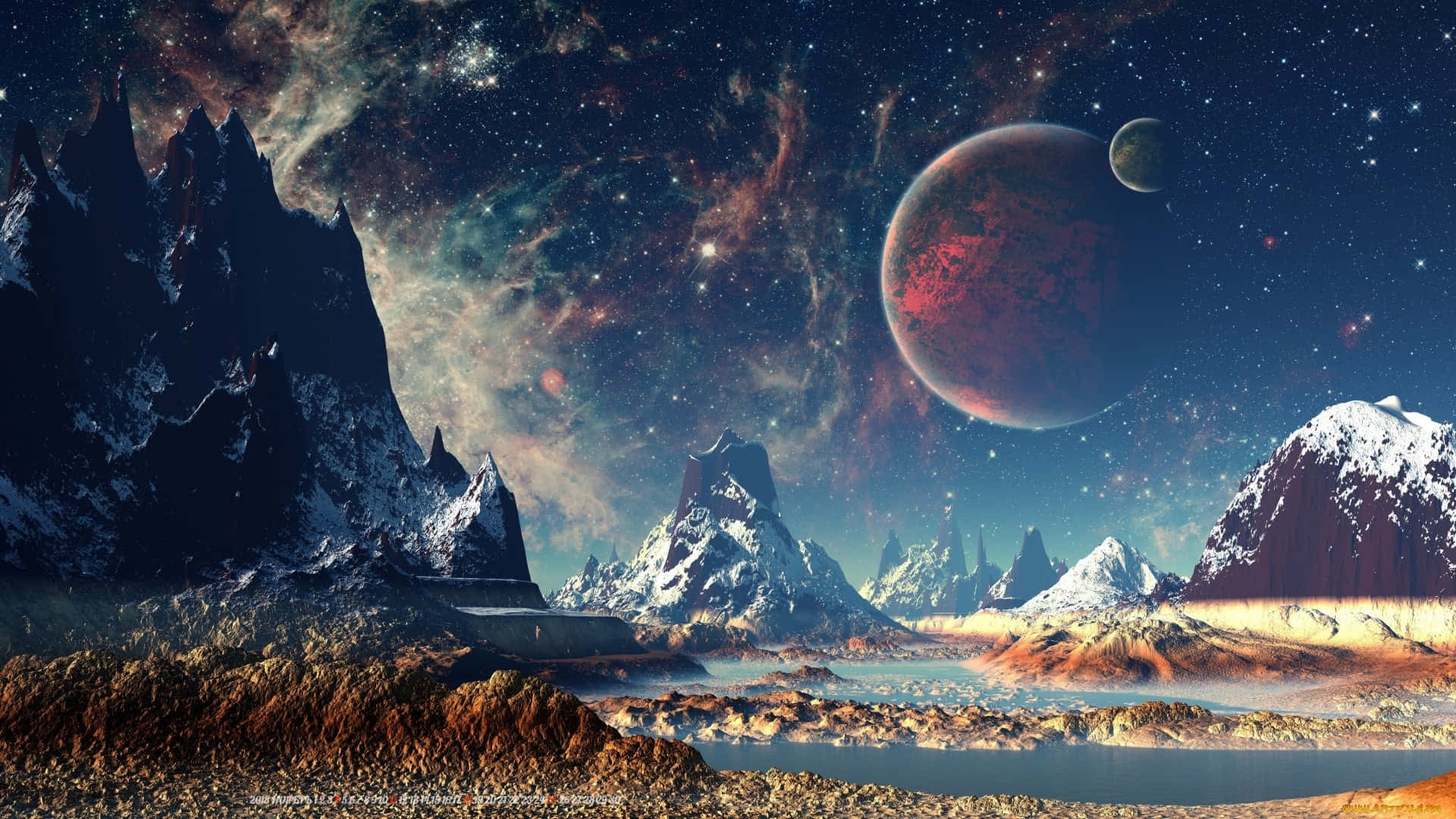 A Space Landscape With Mountains And A Lake Wallpaper