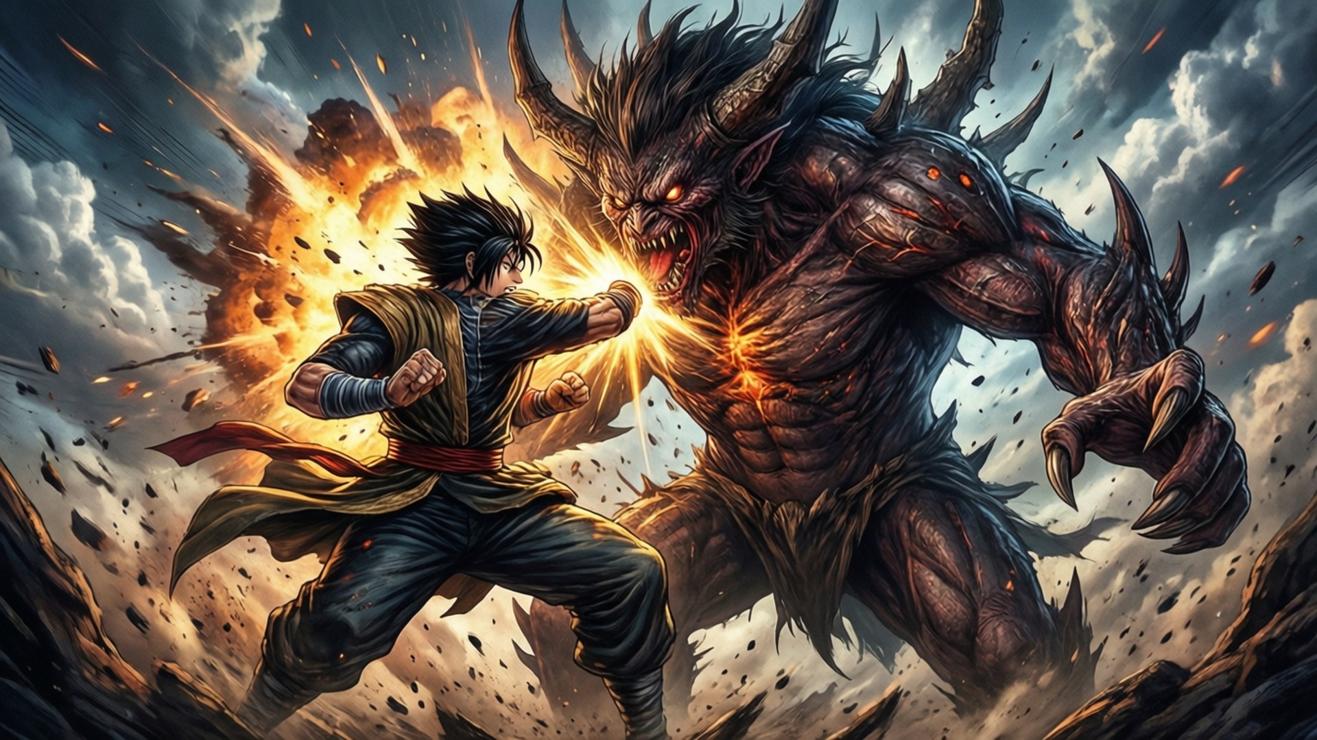 Benio battling a giant demon
