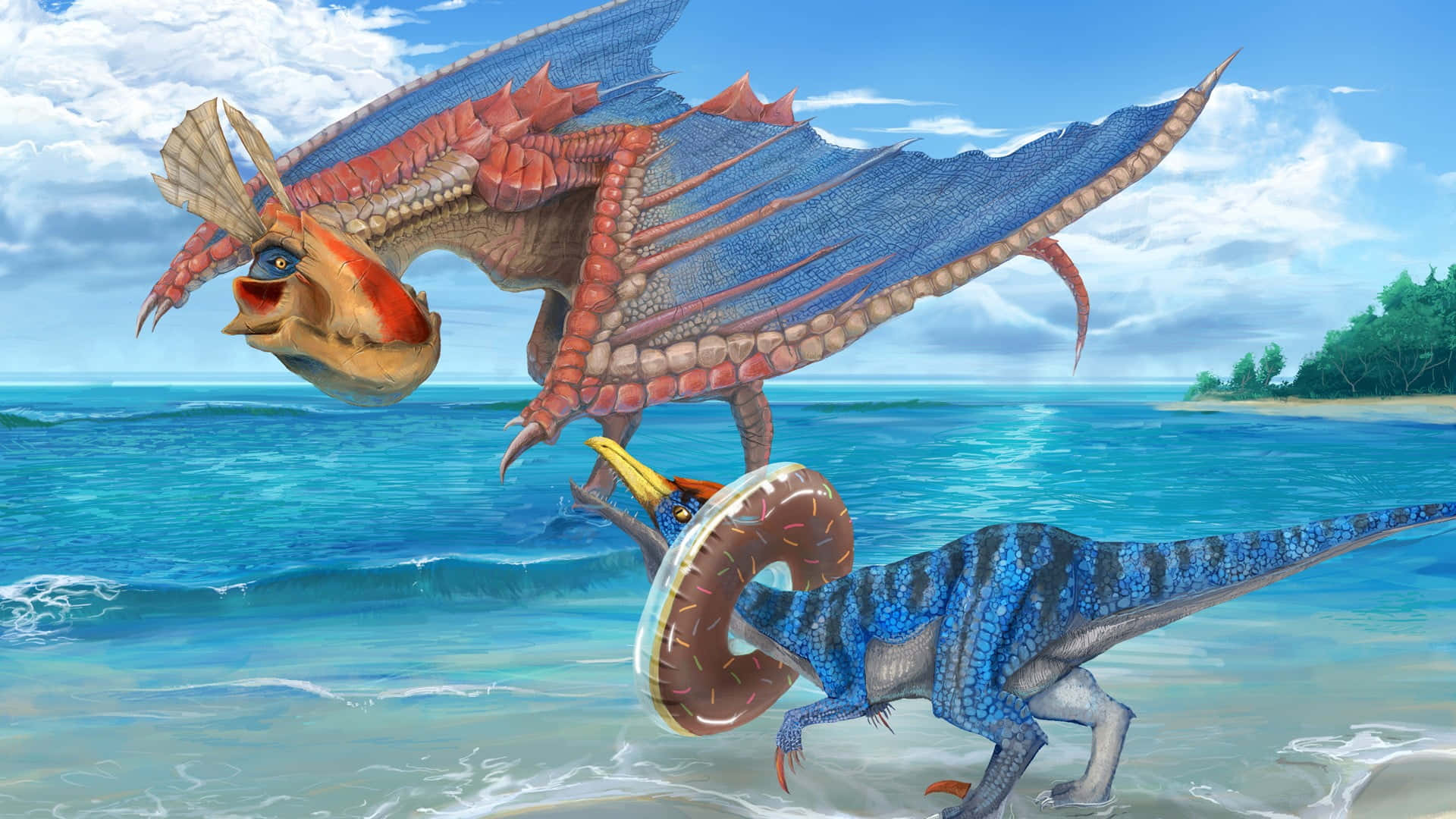 Epic Dinosaur Battle Beachside Wallpaper
