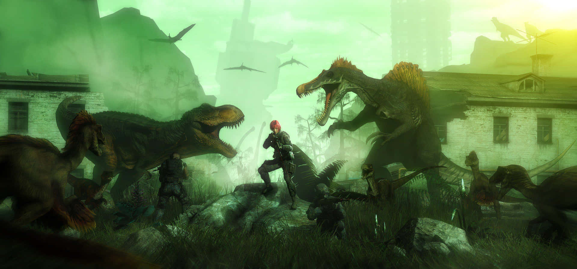 Epic Dinosaur Battle Scene Wallpaper