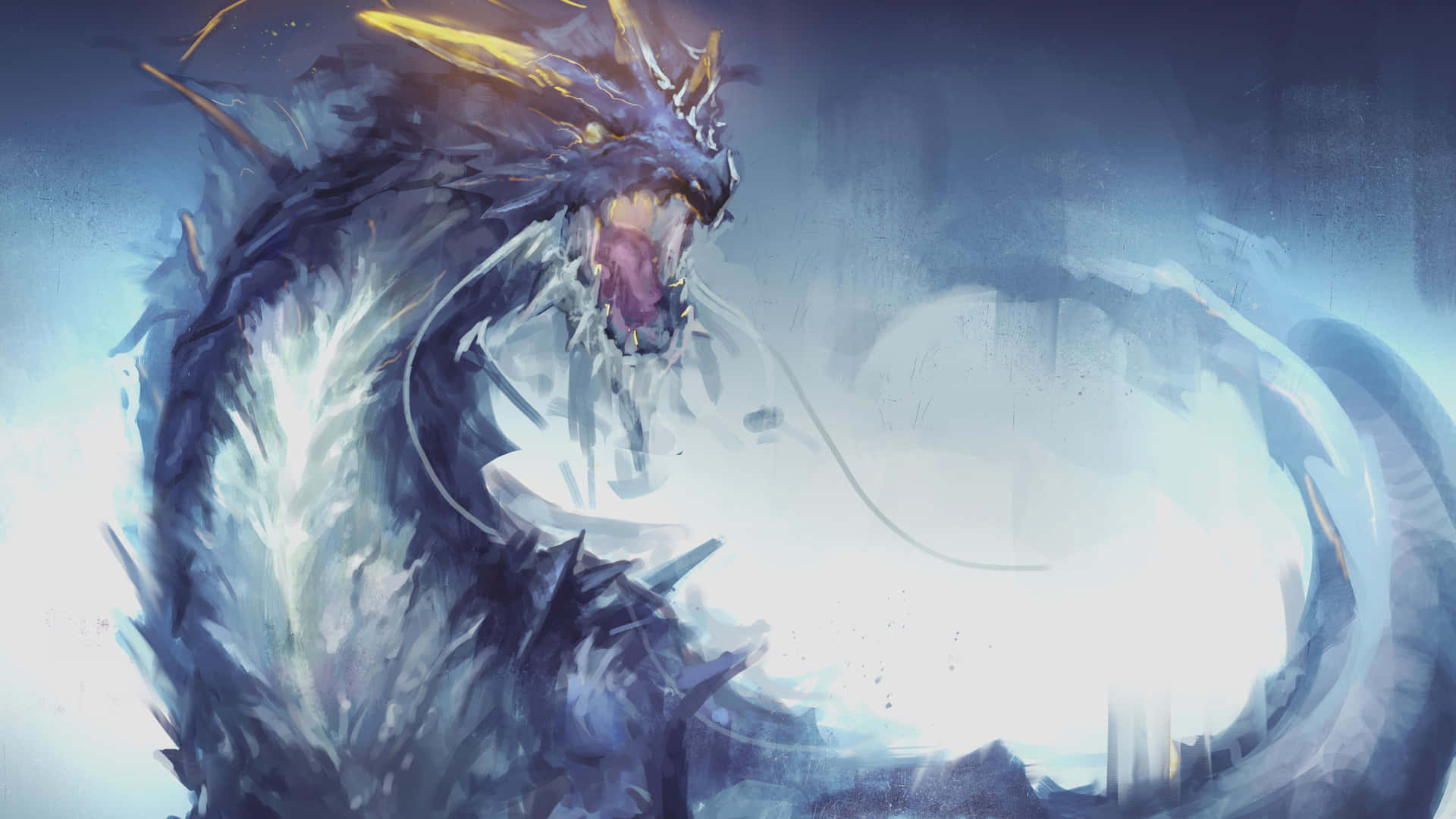 A majestic dragon descends over a dark mountaintop Wallpaper