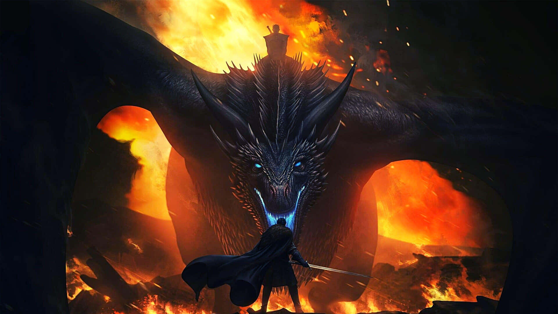A Man Is Standing In Front Of A Dragon In Flames Wallpaper