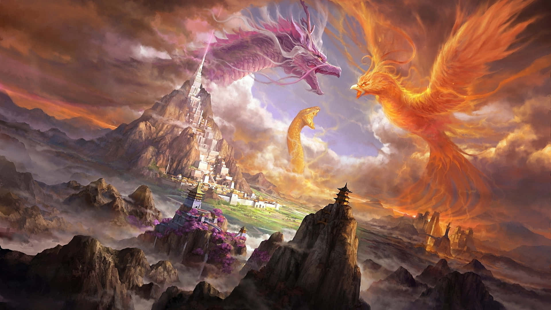 En ildbreathende Epic Dragon på toppen af ​​et magisk slot Wallpaper
